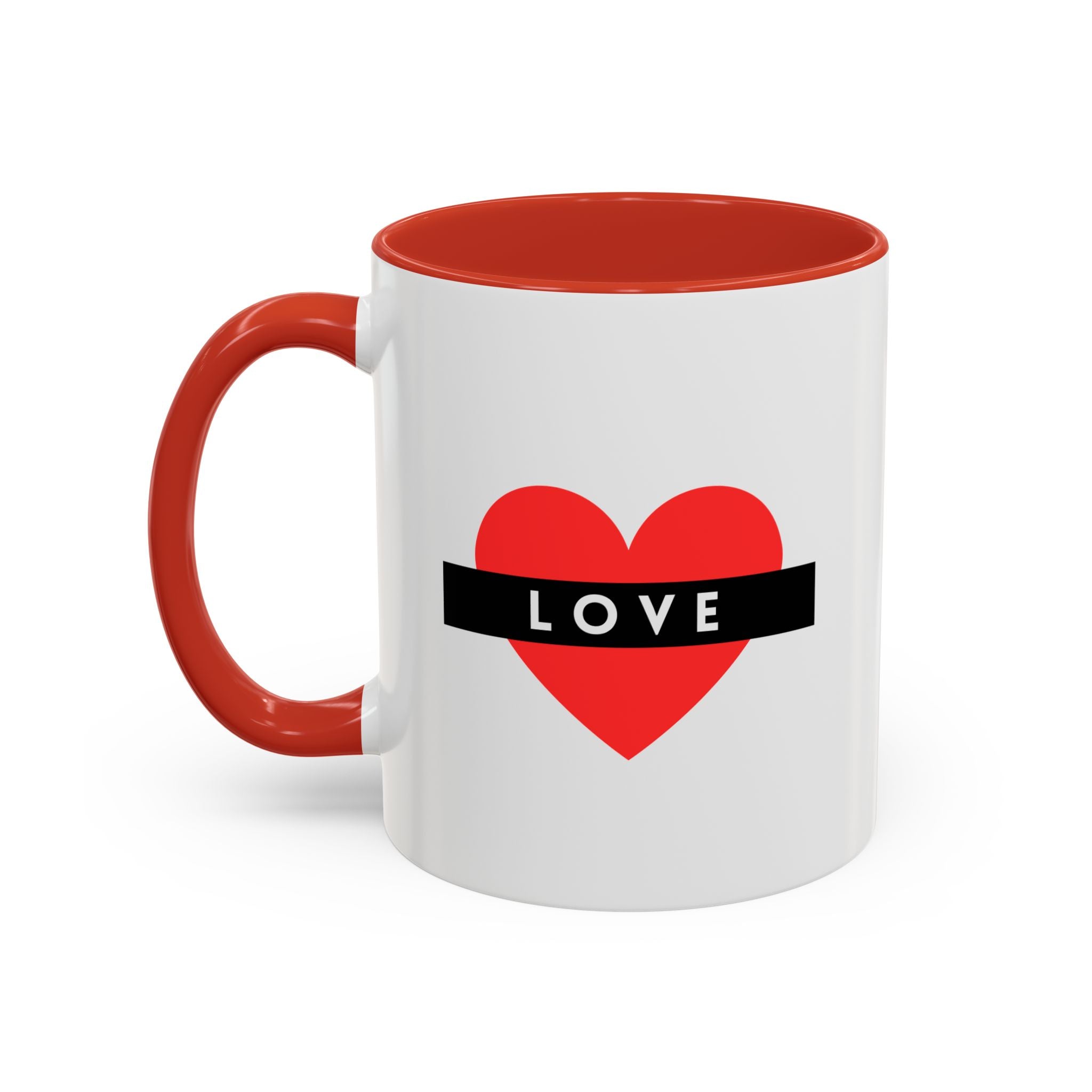 Love Heart Accent Mug – Red Heart with "LOVE" Banner, Valentine's Day Coffee Cup