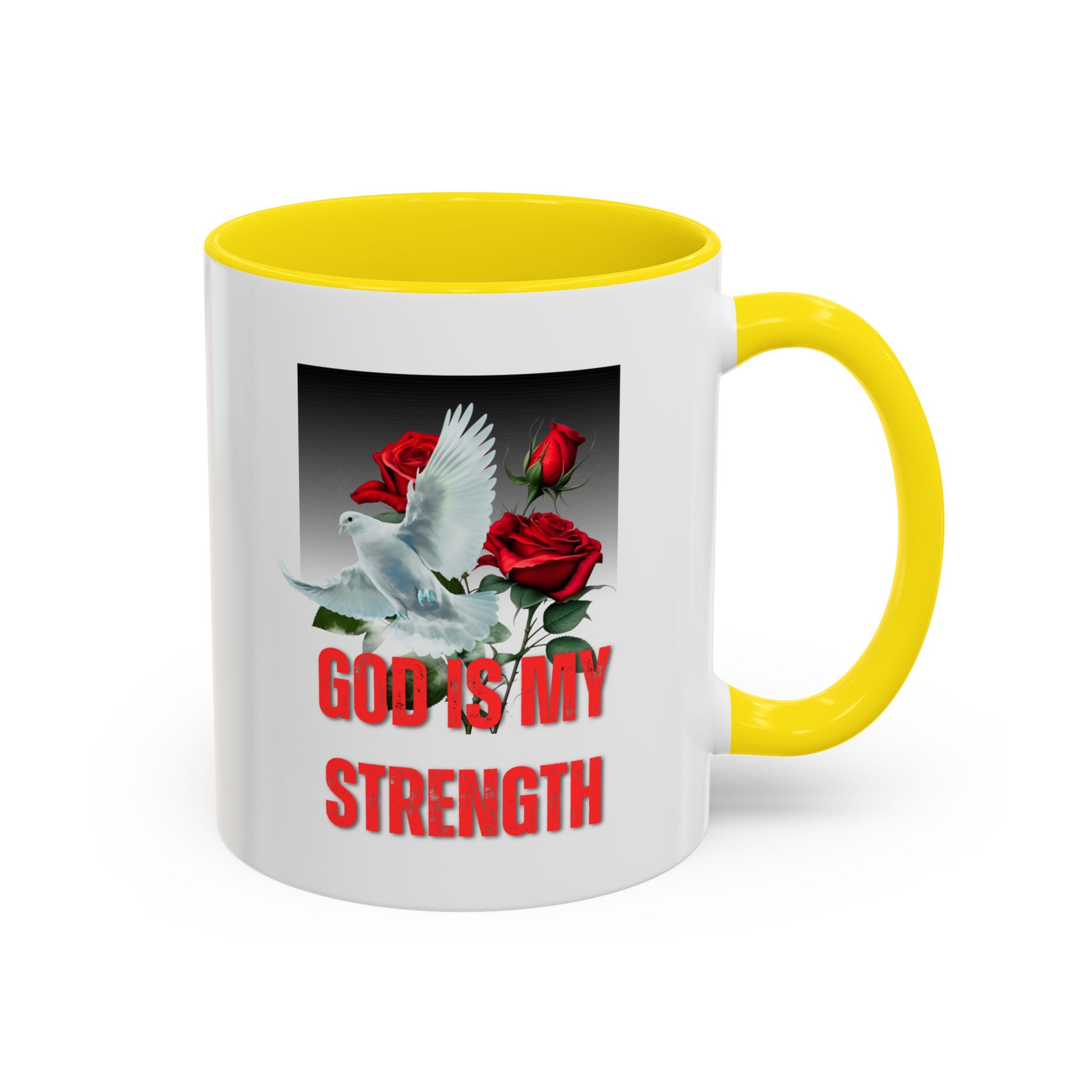 God Is My Strength Accent Coffee Mug – Inspirational Christian Dove & Roses (11/15oz)