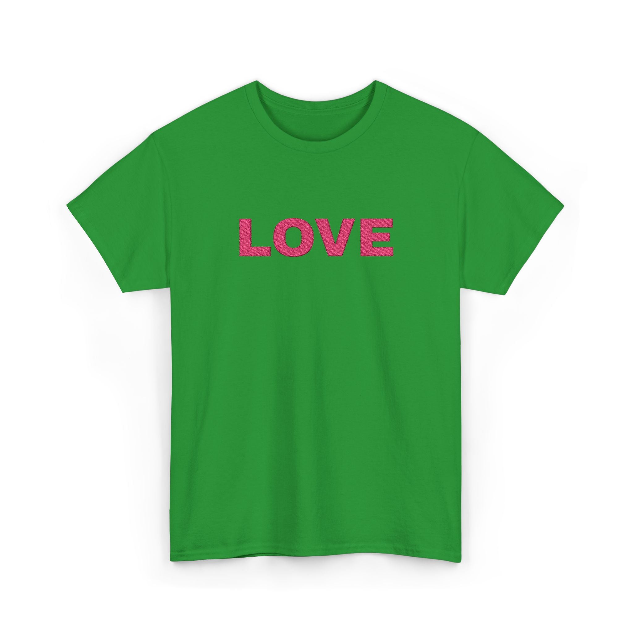 LOVE Glitter Text T-Shirt — Women's Pink Sparkle Tee for Valentine's Day