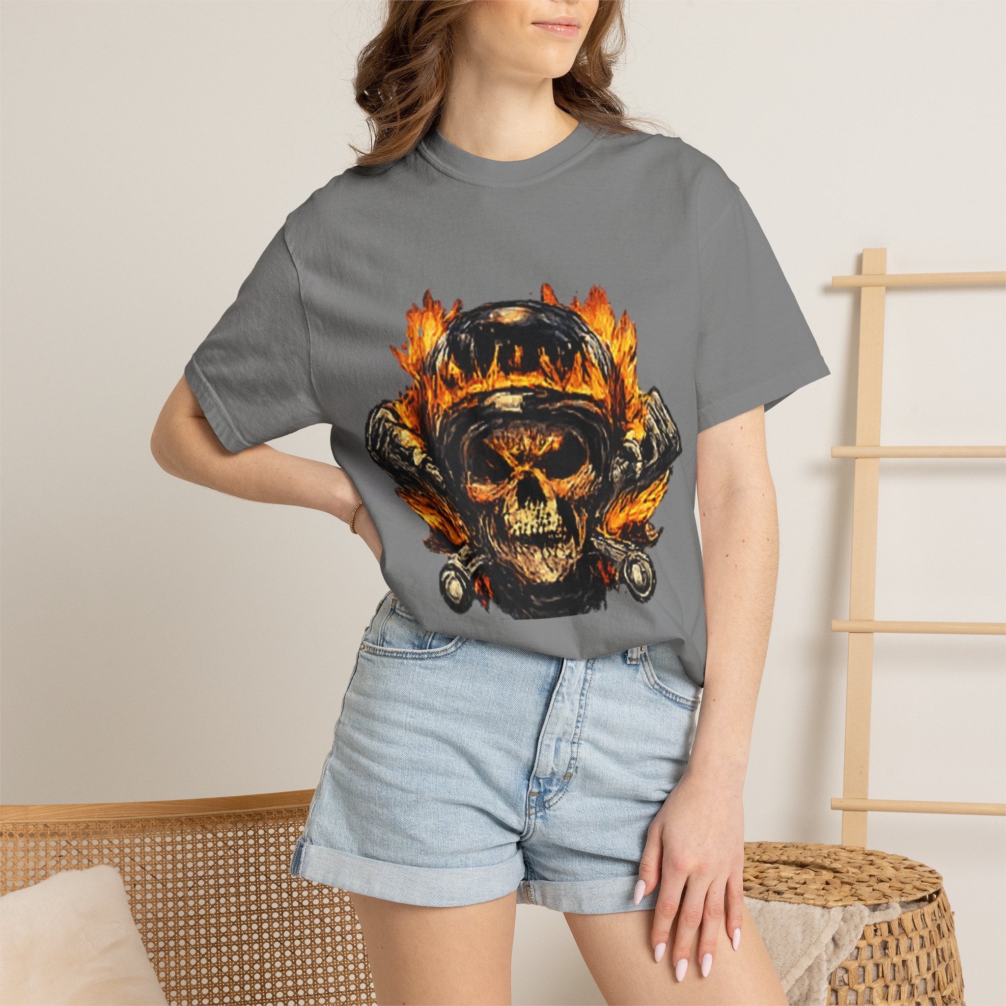 Flaming Skull Helmet T‑Shirt — Biker Rock Graphic Tee