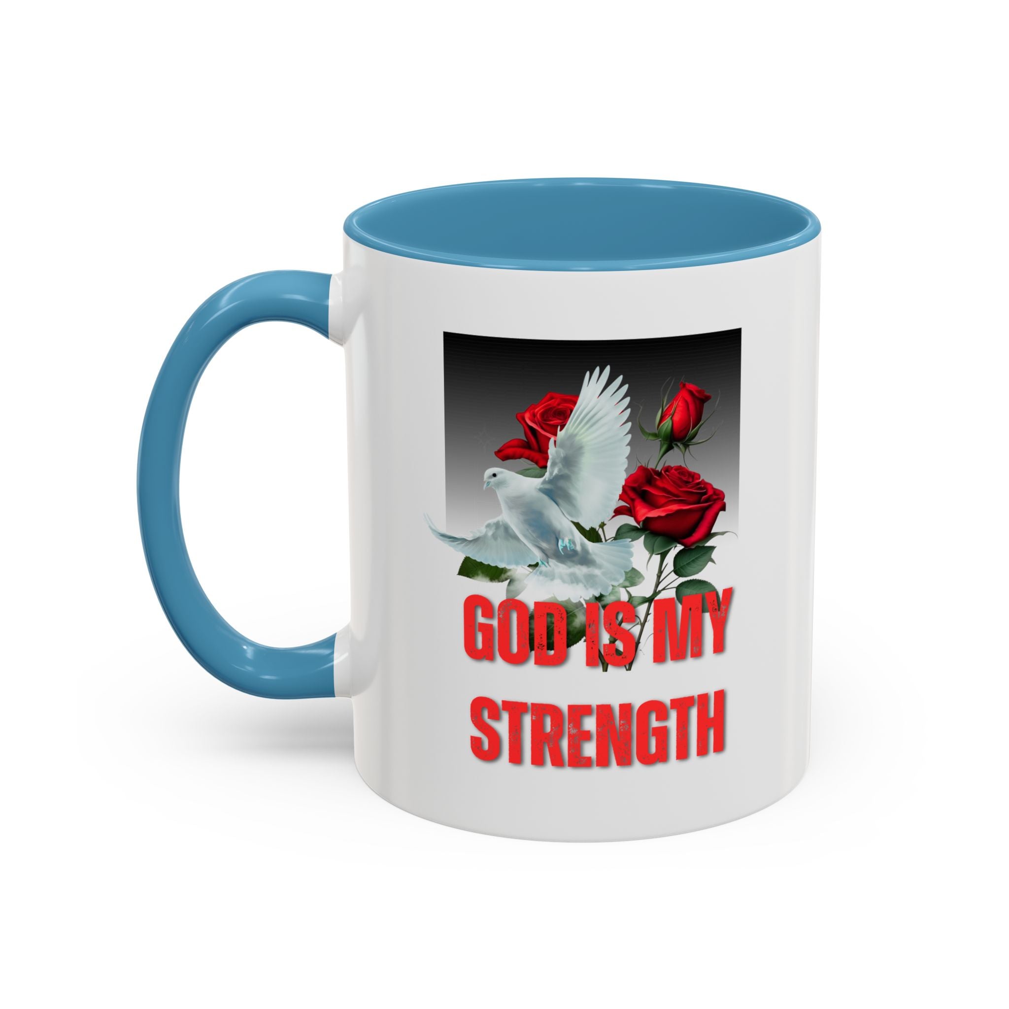 God Is My Strength Accent Coffee Mug – Inspirational Christian Dove & Roses (11/15oz)