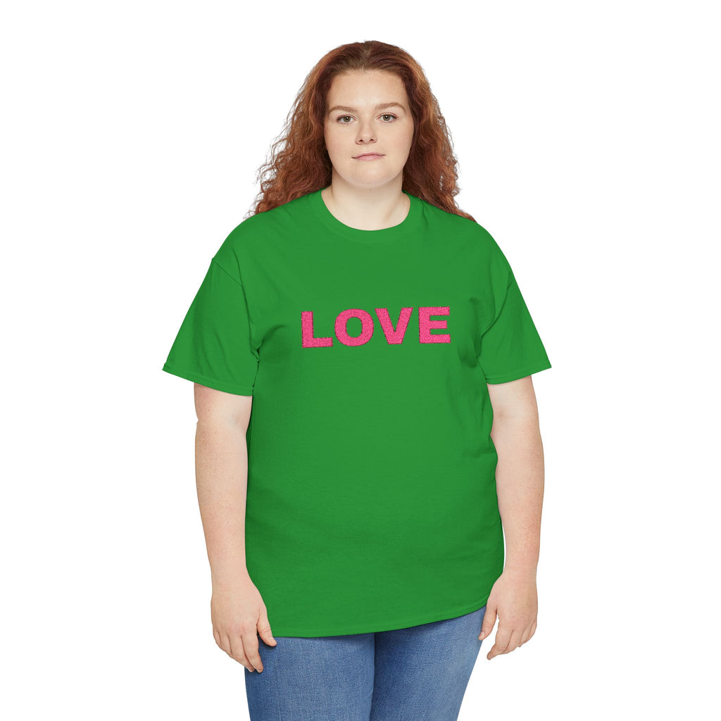 LOVE Glitter Text T-Shirt — Women's Pink Sparkle Tee for Valentine's Day