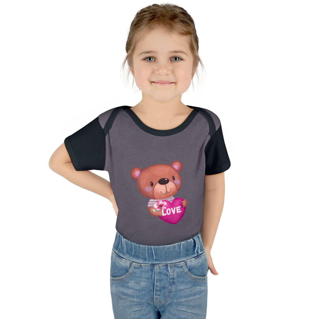Baby Bodysuit - Cute Teddy Holding 'Love' Heart | Infant Valentine Onesie