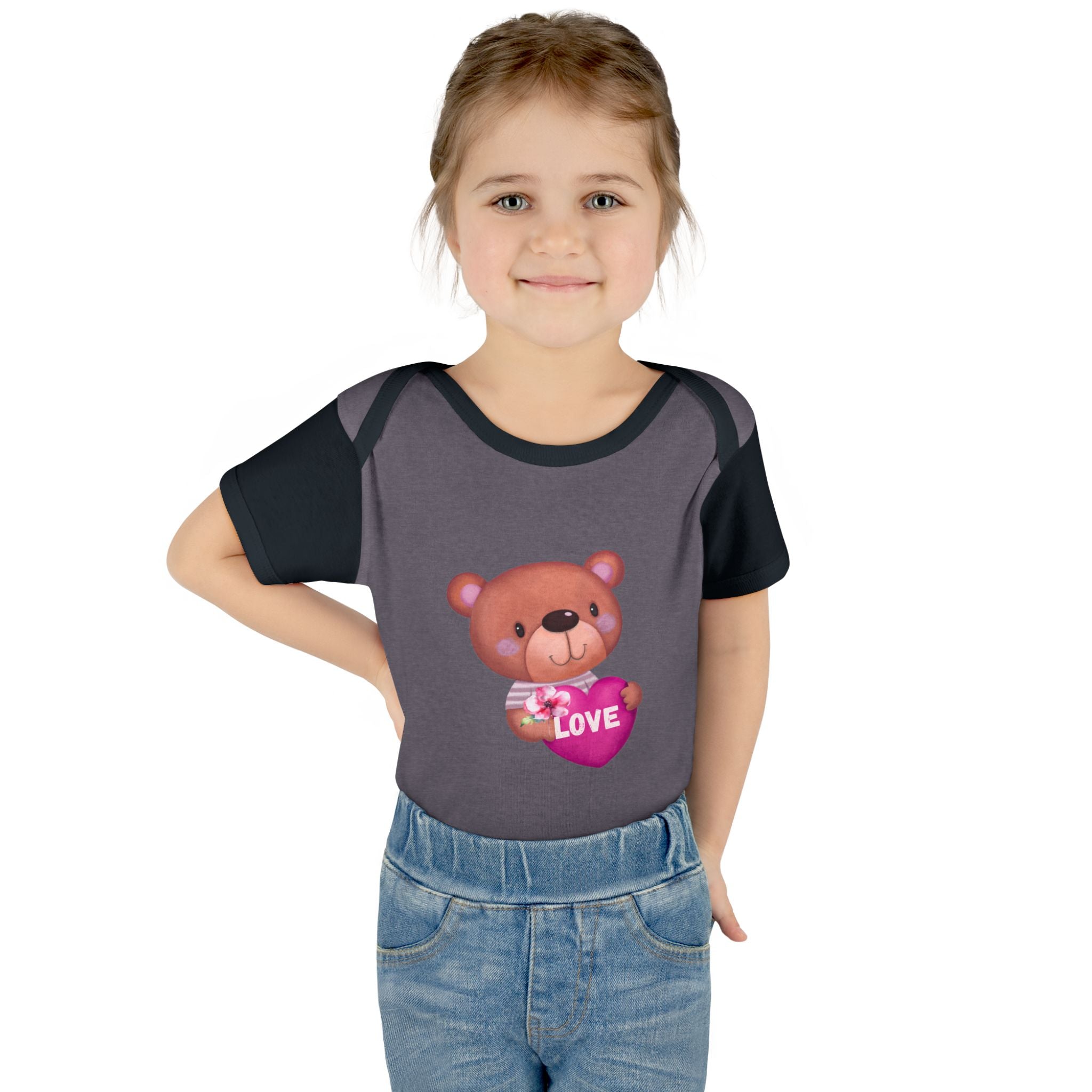 Baby Bodysuit - Cute Teddy Holding 'Love' Heart | Infant Valentine Onesie