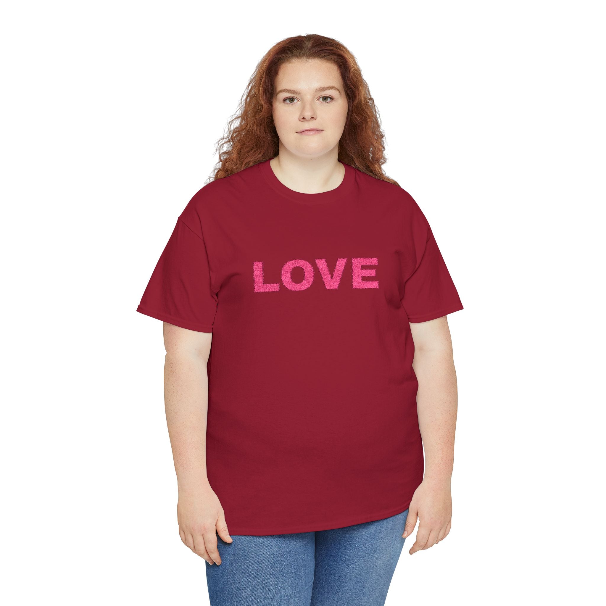 LOVE Glitter Text T-Shirt — Women's Pink Sparkle Tee for Valentine's Day
