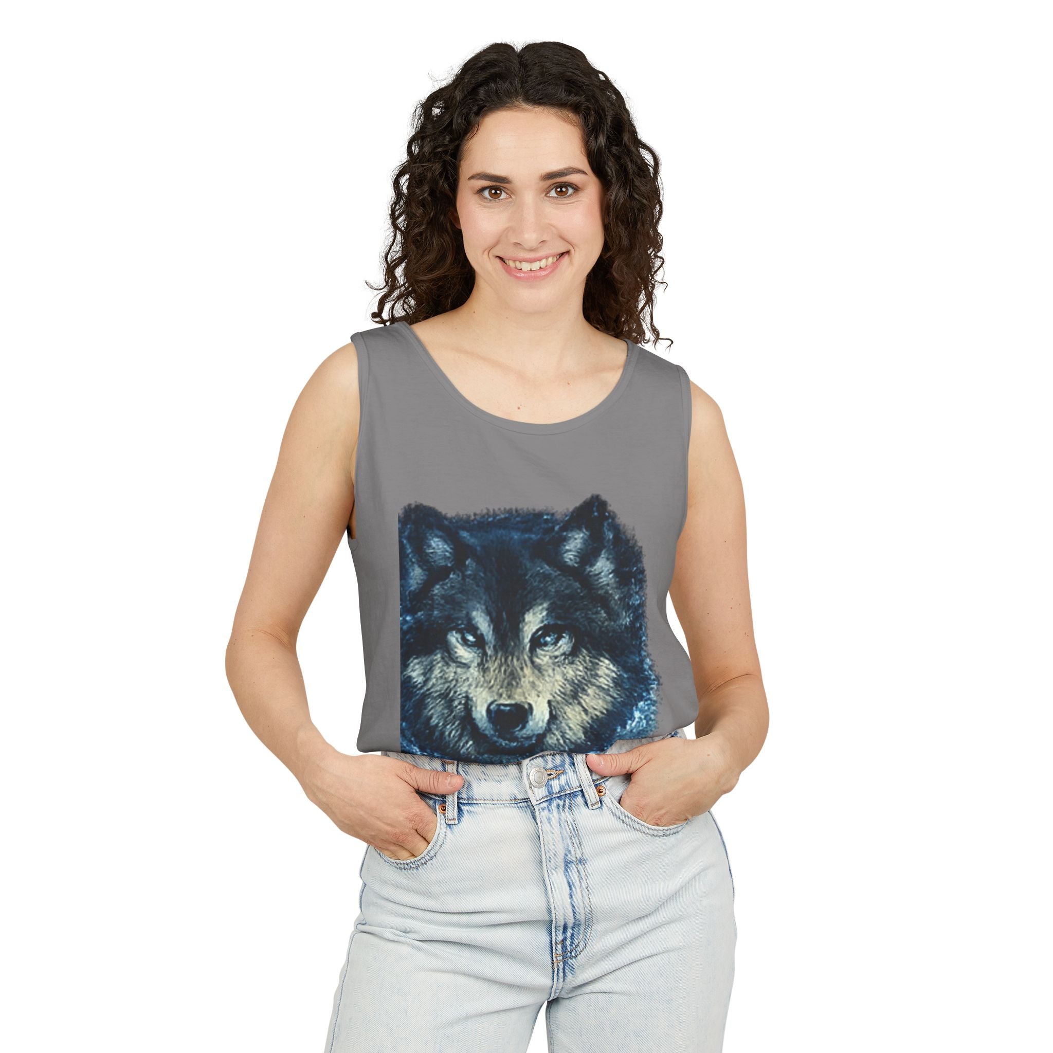 Wolf Face Tank Top — Vintage Blue Wolf Graphic Animal Lover Tee