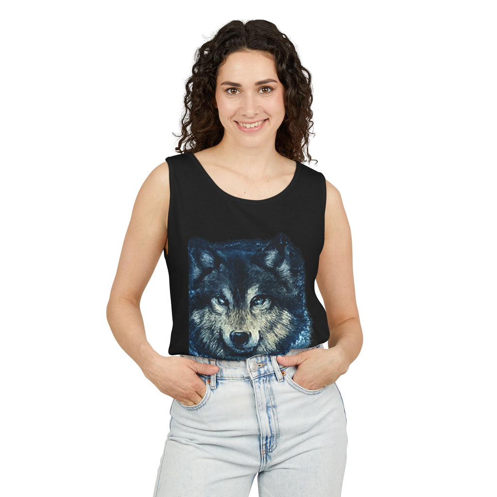 Wolf Face Tank Top — Vintage Blue Wolf Graphic Animal Lover Tee