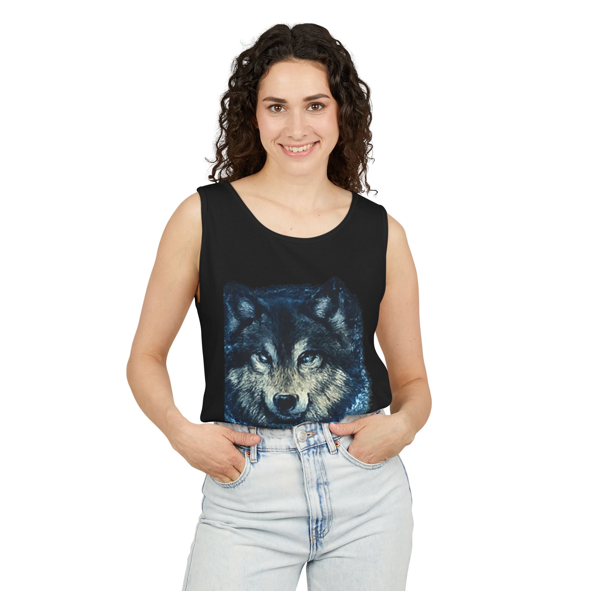 Wolf Face Tank Top — Vintage Blue Wolf Graphic Animal Lover Tee