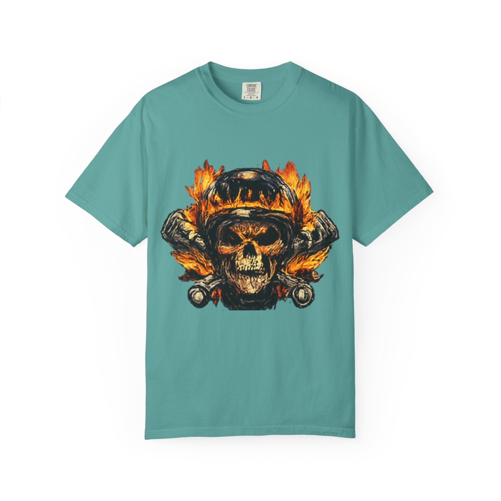 Flaming Skull Helmet T‑Shirt — Biker Rock Graphic Tee