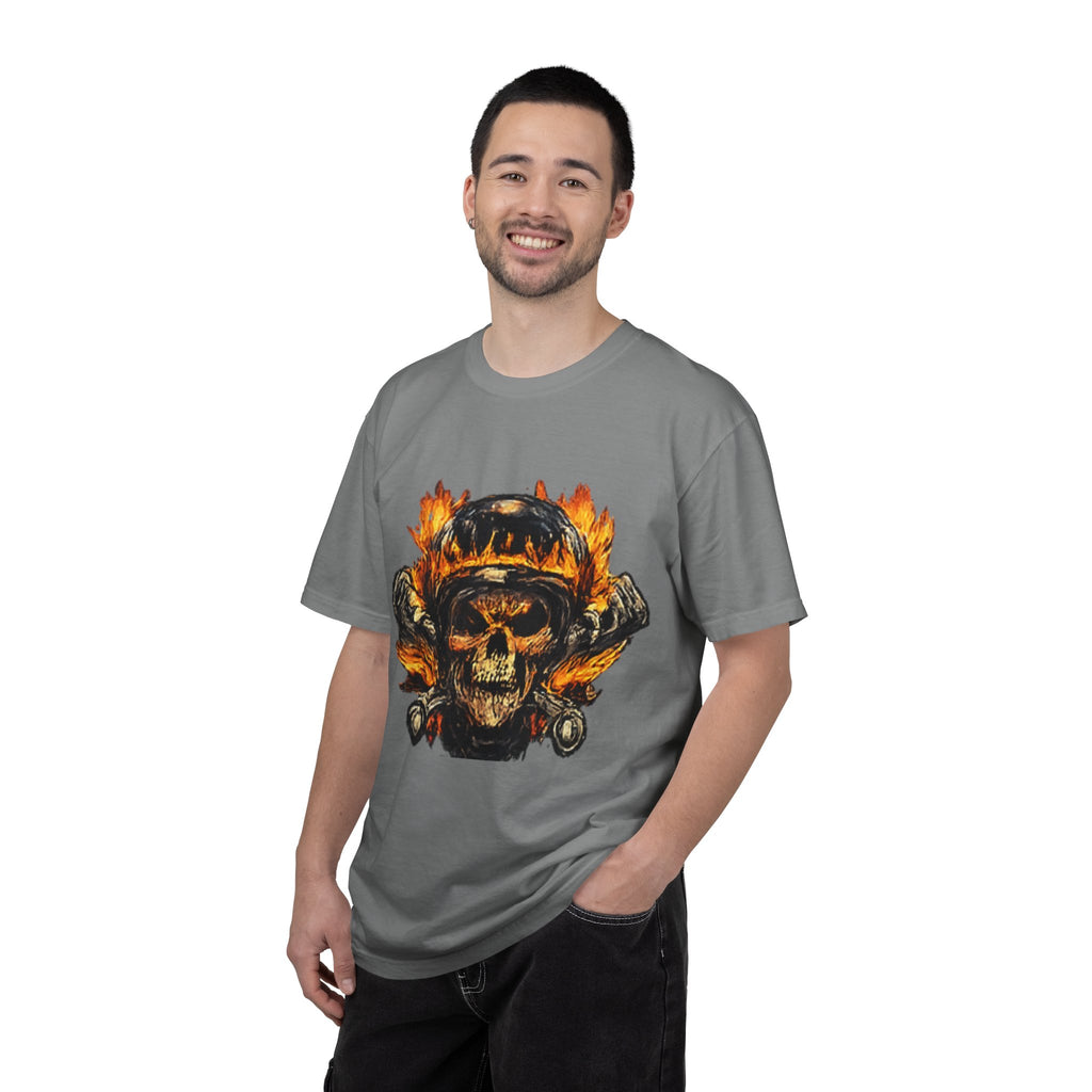 Flaming Skull Helmet T‑Shirt — Biker Rock Graphic Tee