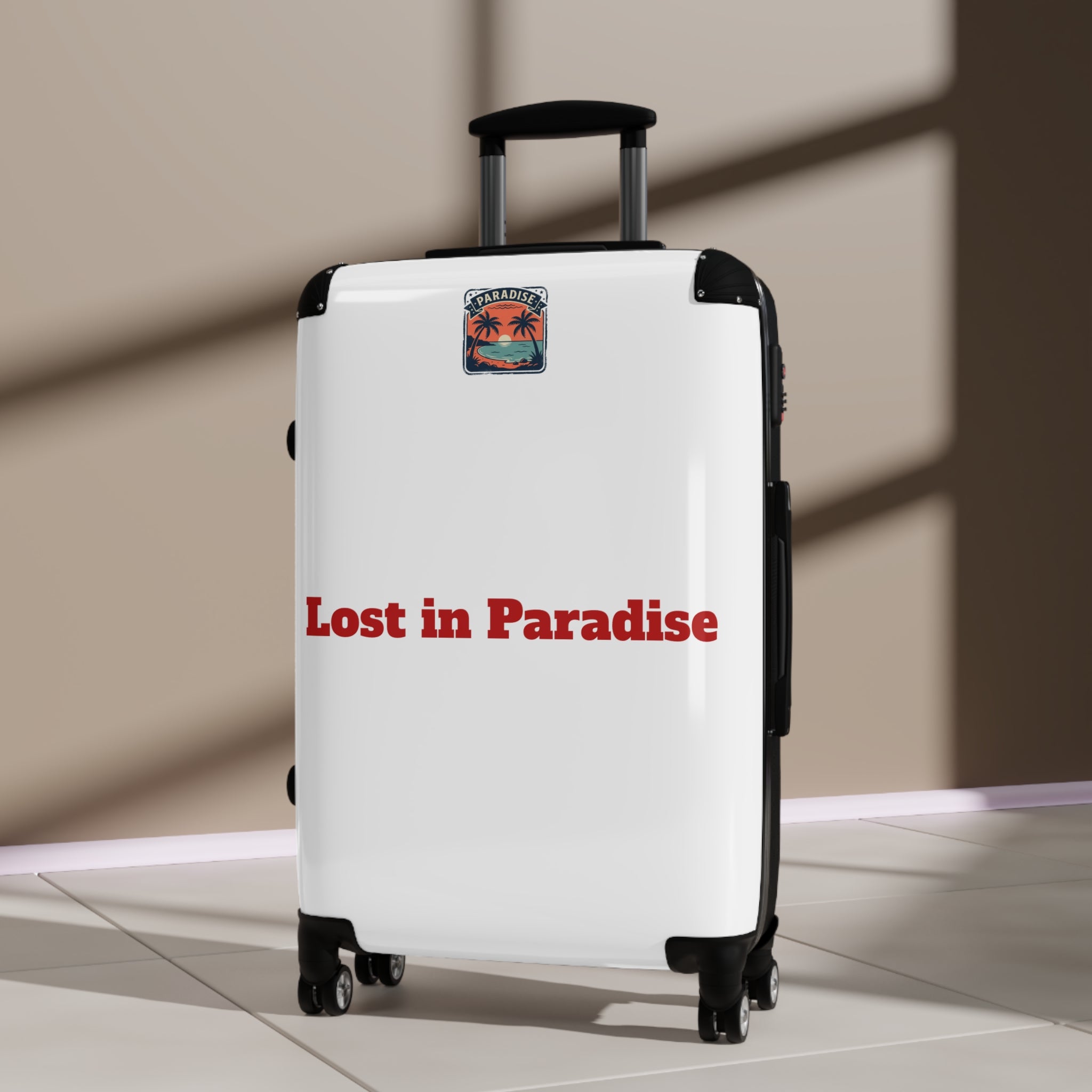 Suitcase – 'Lost in Paradise' Tropical Carry-On Luggage Sticker Design
