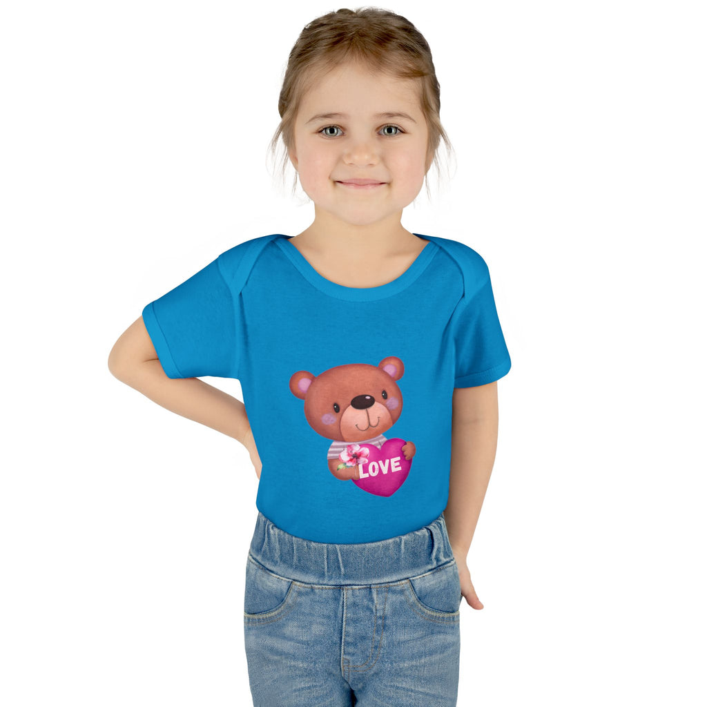 Baby Bodysuit - Cute Teddy Holding 'Love' Heart | Infant Valentine Onesie