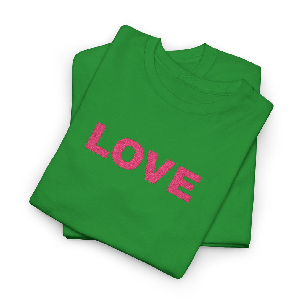 LOVE Glitter Text T-Shirt — Women's Pink Sparkle Tee for Valentine's Day