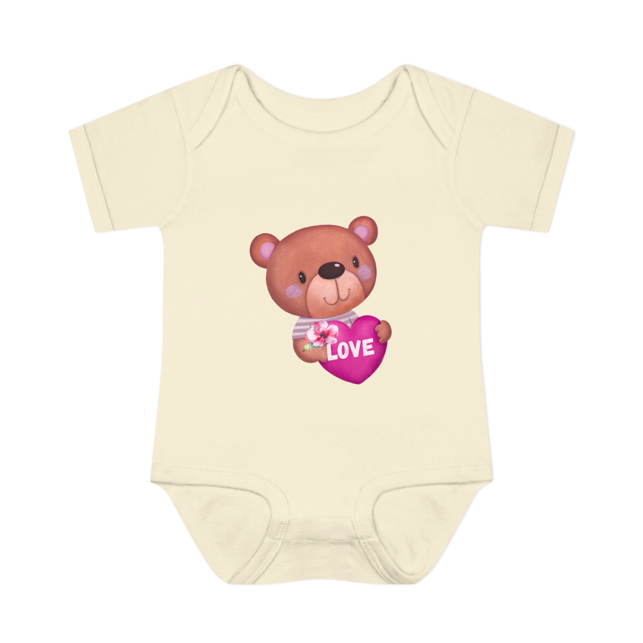 Baby Bodysuit - Cute Teddy Holding 'Love' Heart | Infant Valentine Onesie