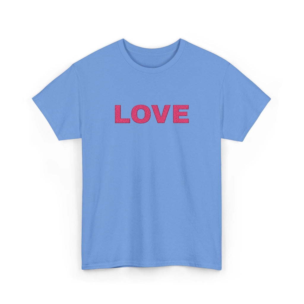 LOVE Glitter Text T-Shirt — Women's Pink Sparkle Tee for Valentine's Day