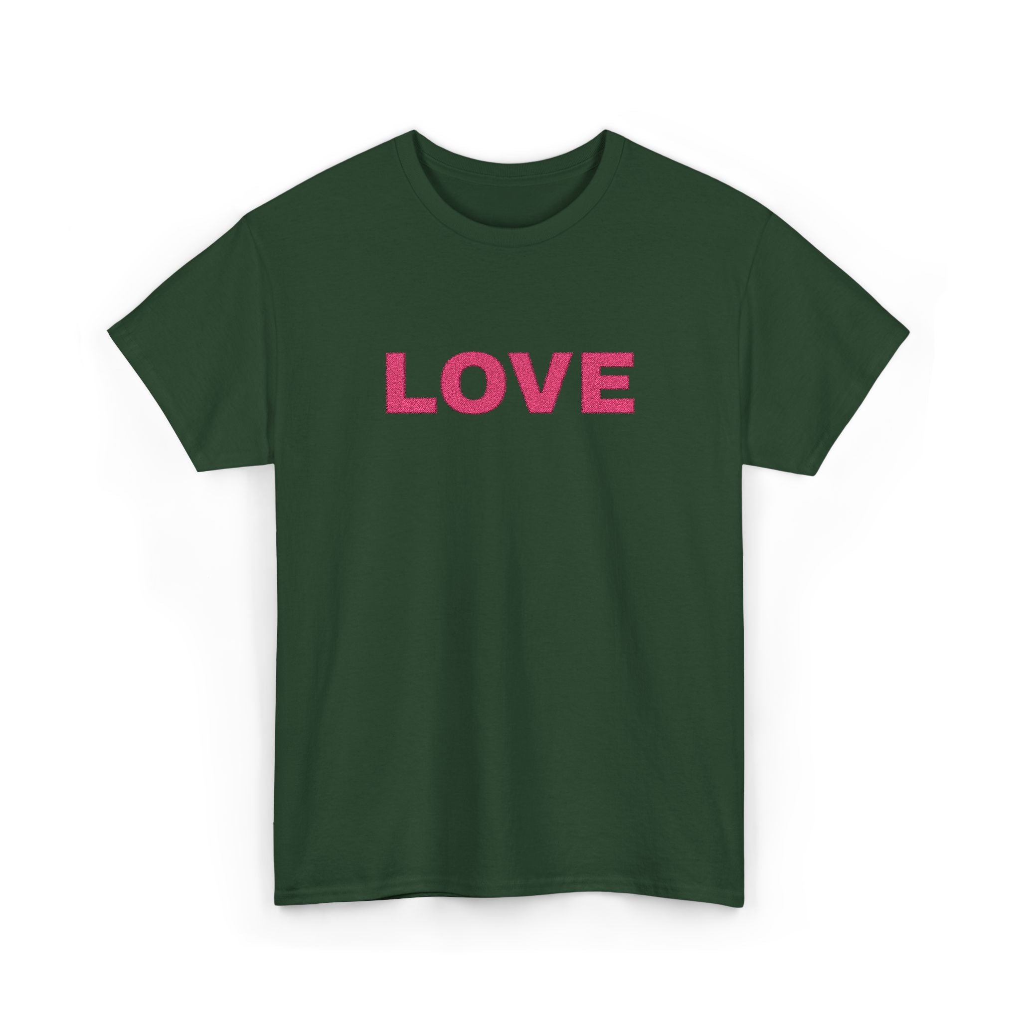 LOVE Glitter Text T-Shirt — Women's Pink Sparkle Tee for Valentine's Day