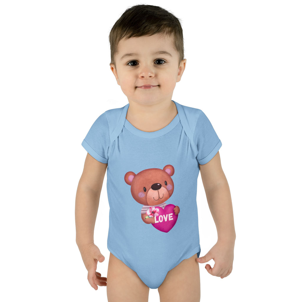 Baby Bodysuit - Cute Teddy Holding 'Love' Heart | Infant Valentine Onesie