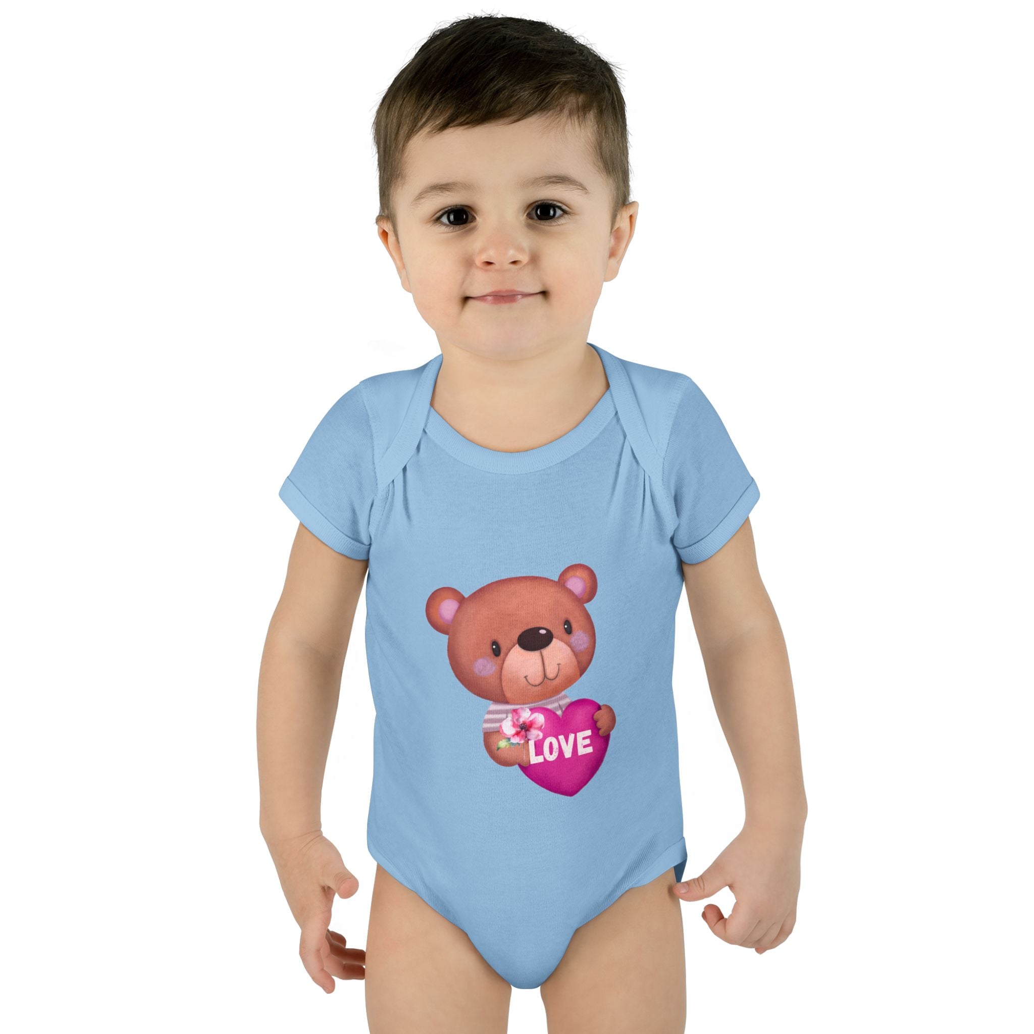 Baby Bodysuit - Cute Teddy Holding 'Love' Heart | Infant Valentine Onesie