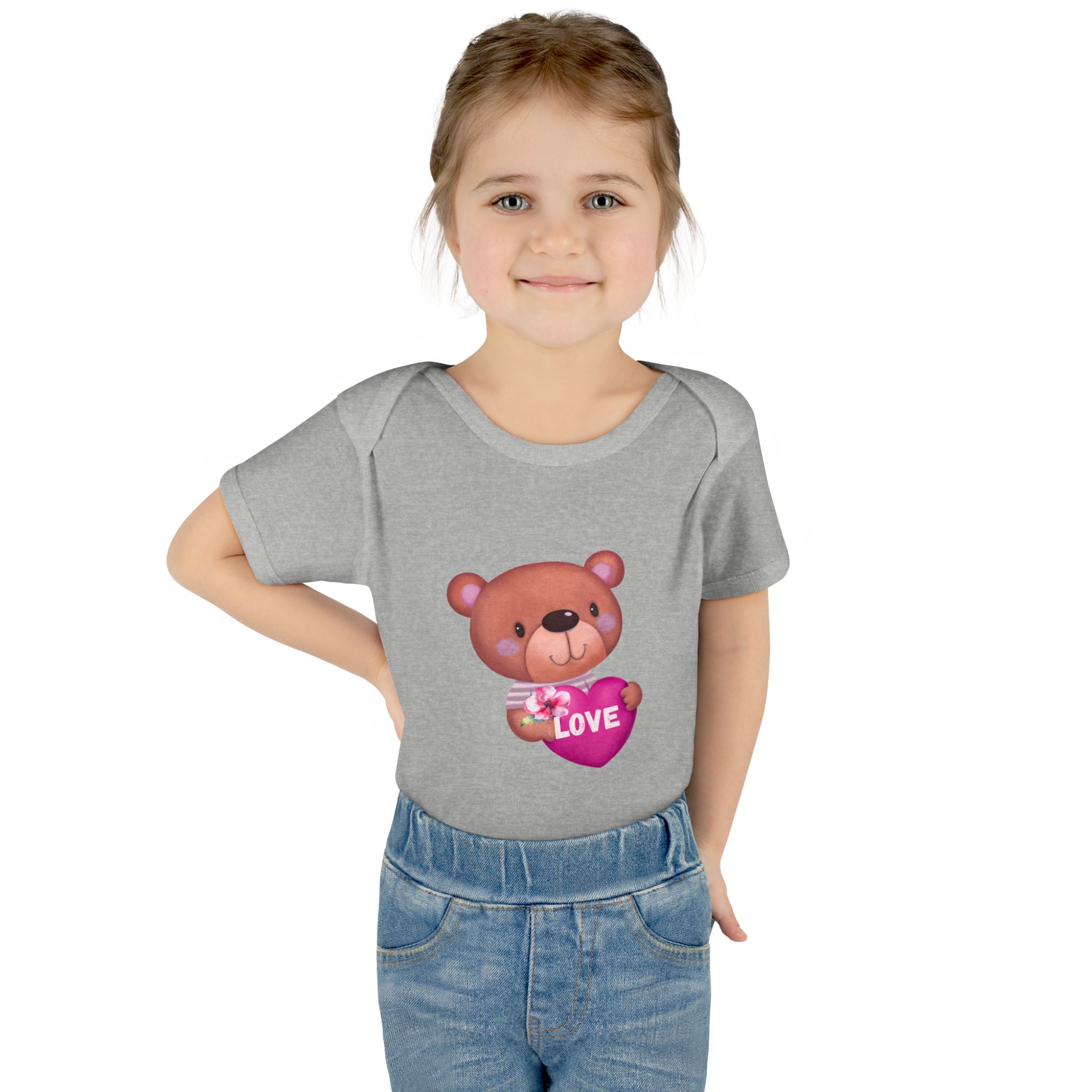 Baby Bodysuit - Cute Teddy Holding 'Love' Heart | Infant Valentine Onesie