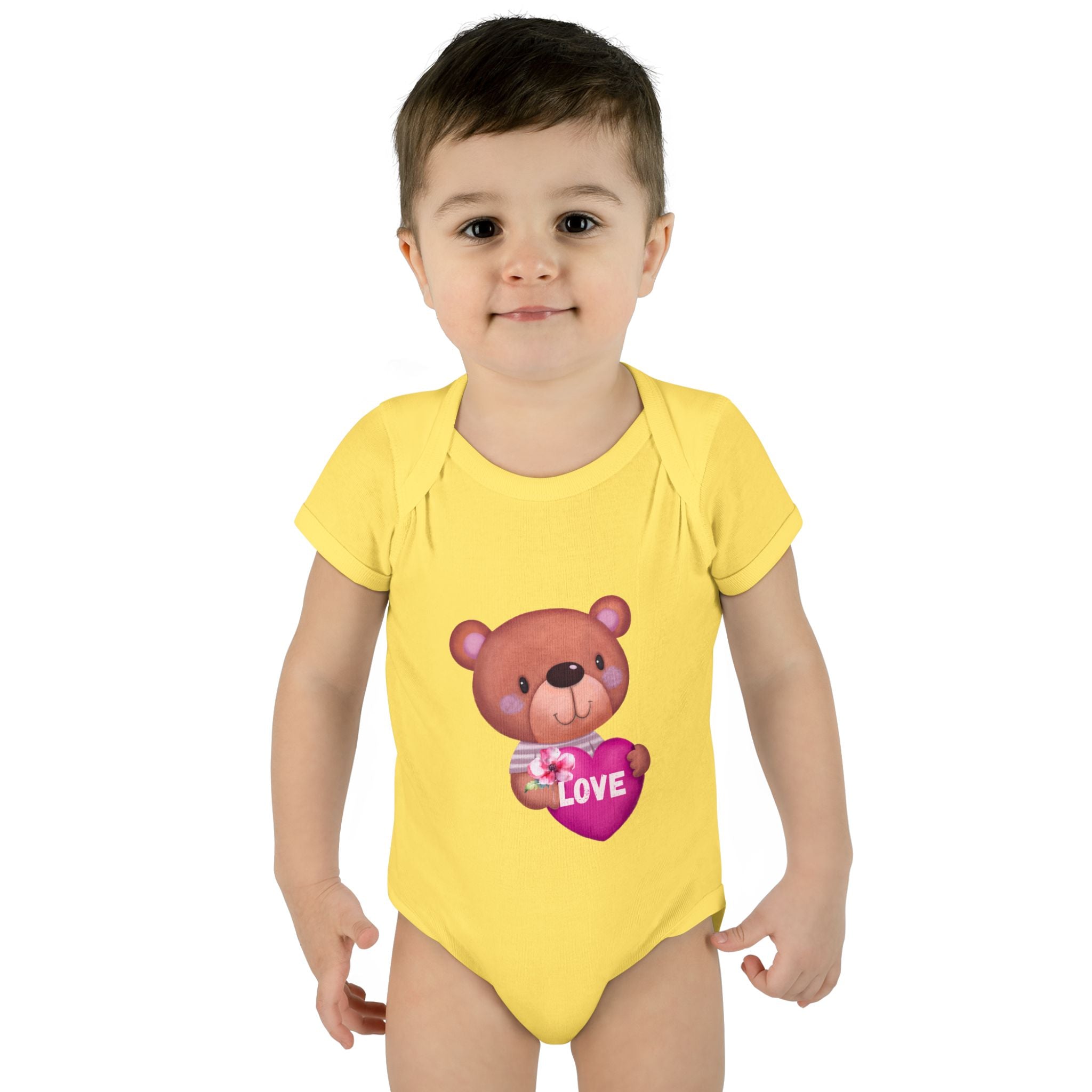 Baby Bodysuit - Cute Teddy Holding 'Love' Heart | Infant Valentine Onesie