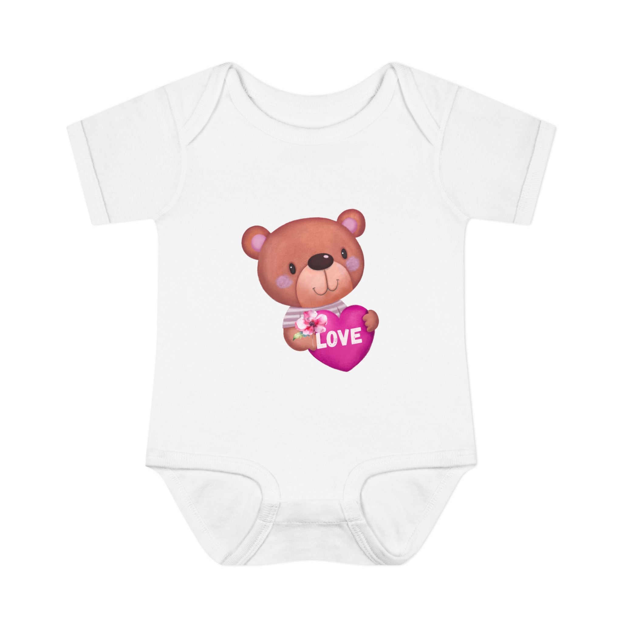 Baby Bodysuit - Cute Teddy Holding 'Love' Heart | Infant Valentine Onesie