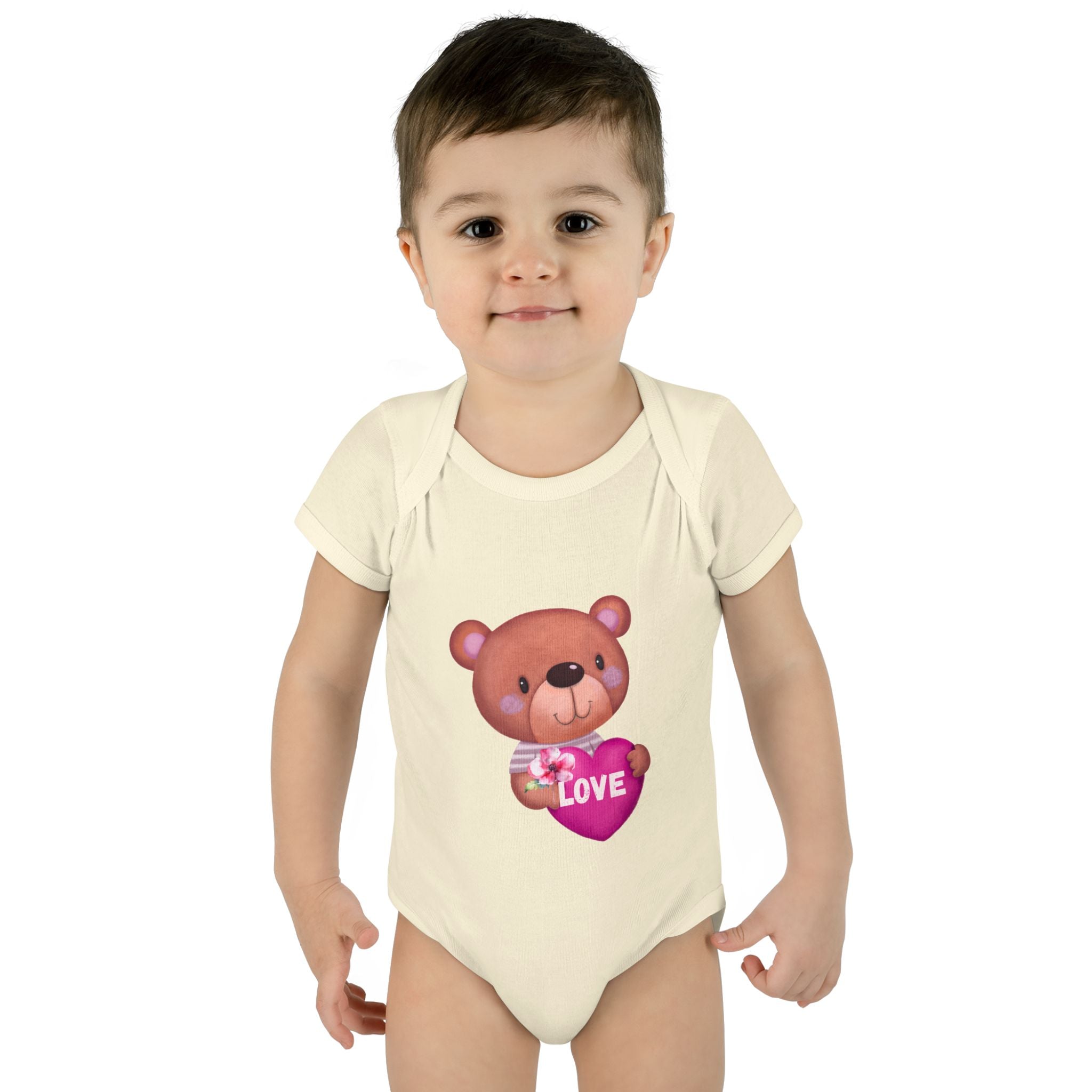 Baby Bodysuit - Cute Teddy Holding 'Love' Heart | Infant Valentine Onesie