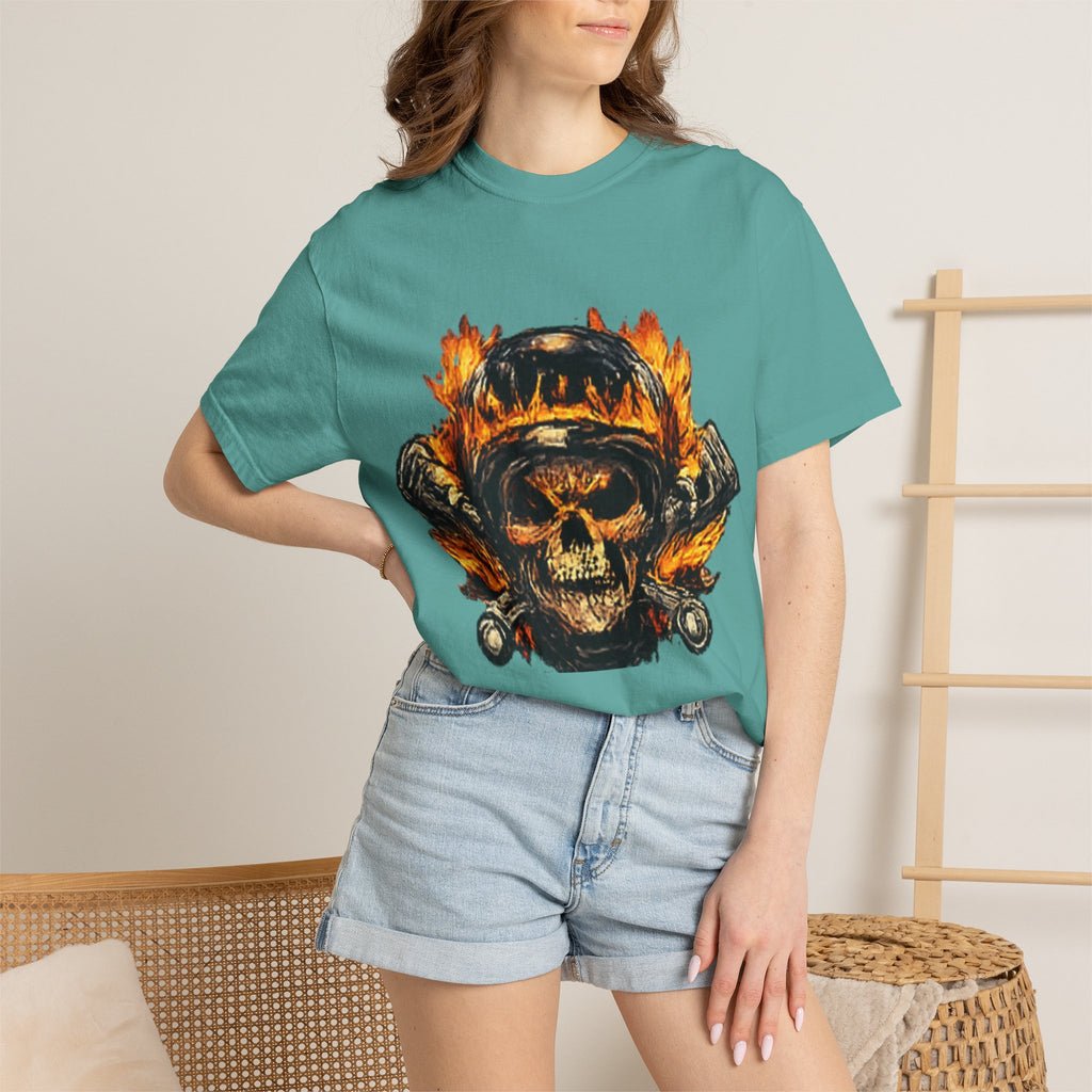 Flaming Skull Helmet T‑Shirt — Biker Rock Graphic Tee