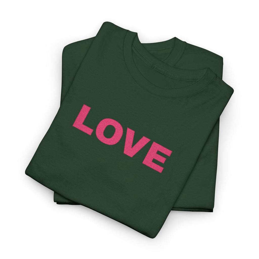 LOVE Glitter Text T-Shirt — Women's Pink Sparkle Tee for Valentine's Day