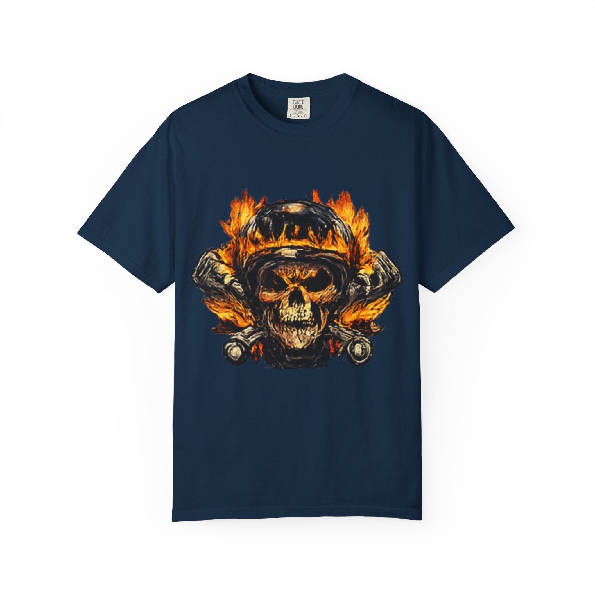 Flaming Skull Helmet T‑Shirt — Biker Rock Graphic Tee