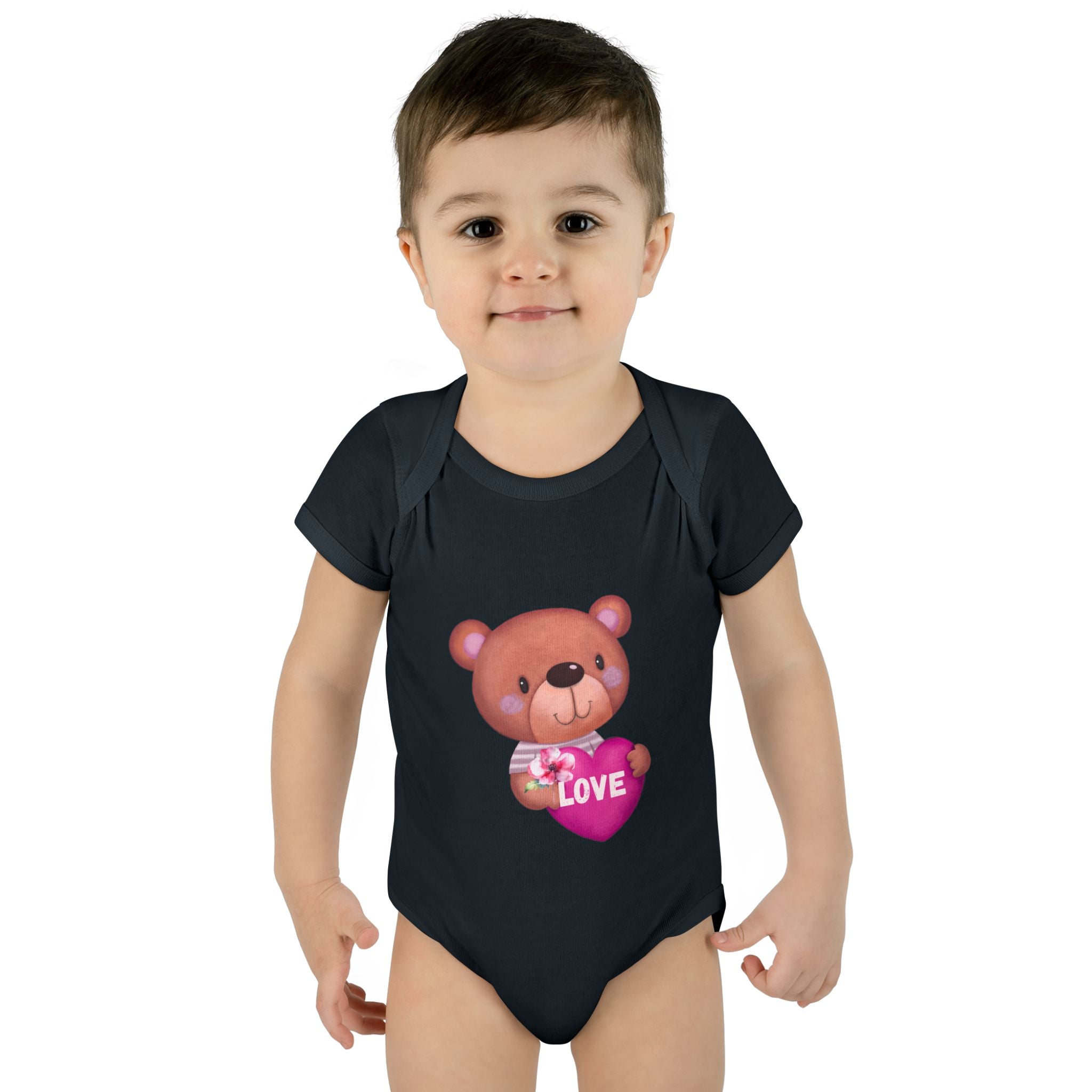 Baby Bodysuit - Cute Teddy Holding 'Love' Heart | Infant Valentine Onesie