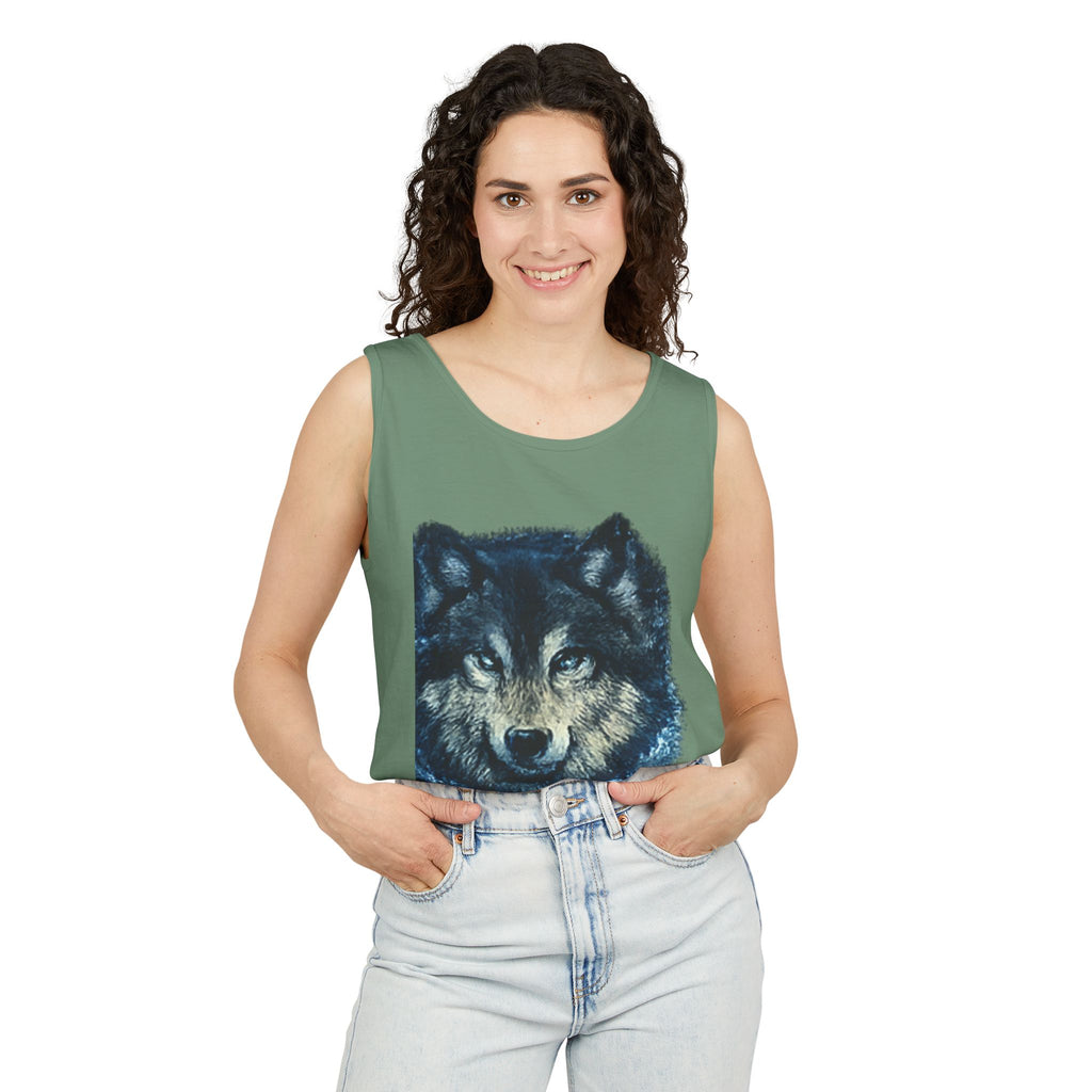 Wolf Face Tank Top — Vintage Blue Wolf Graphic Animal Lover Tee