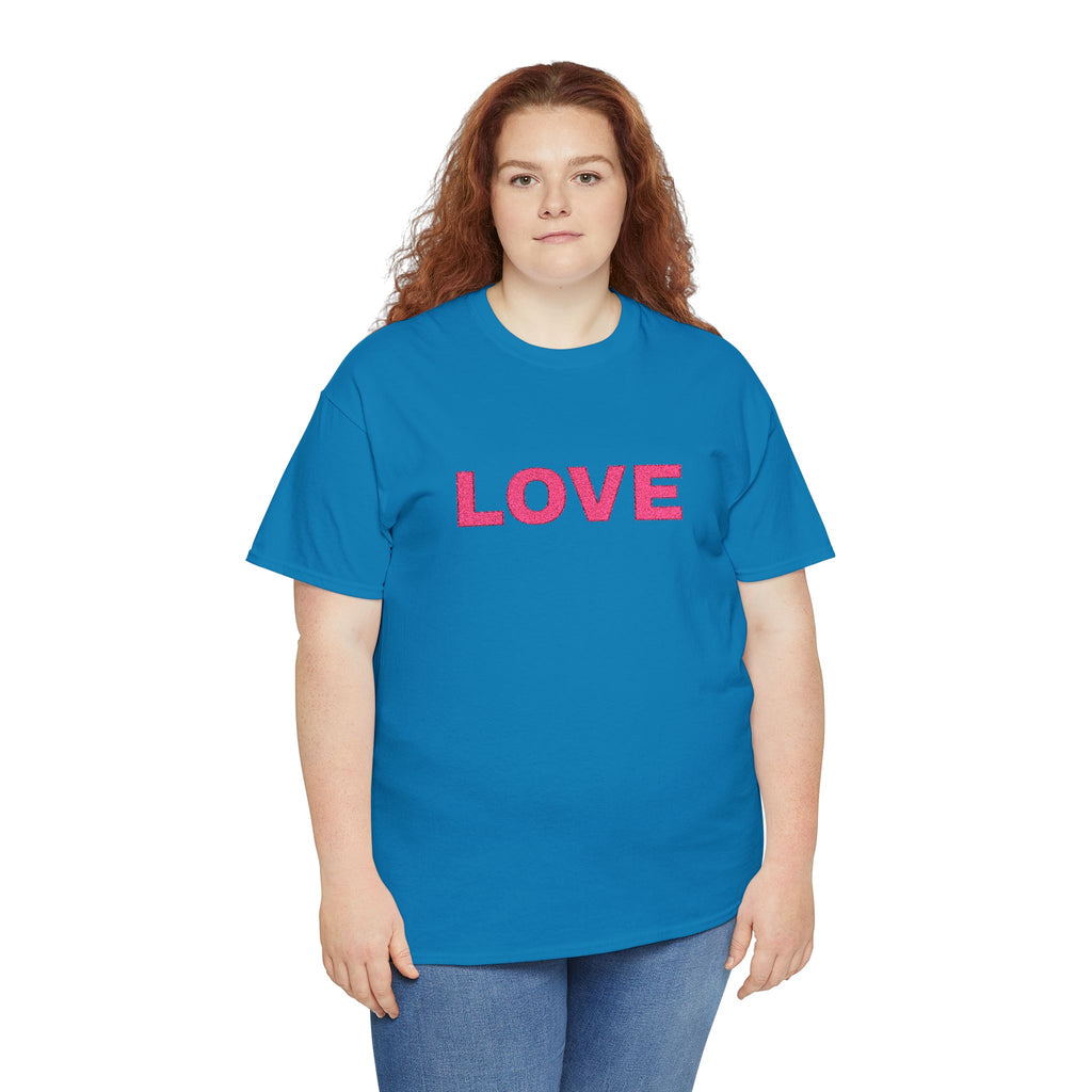 LOVE Glitter Text T-Shirt — Women's Pink Sparkle Tee for Valentine's Day