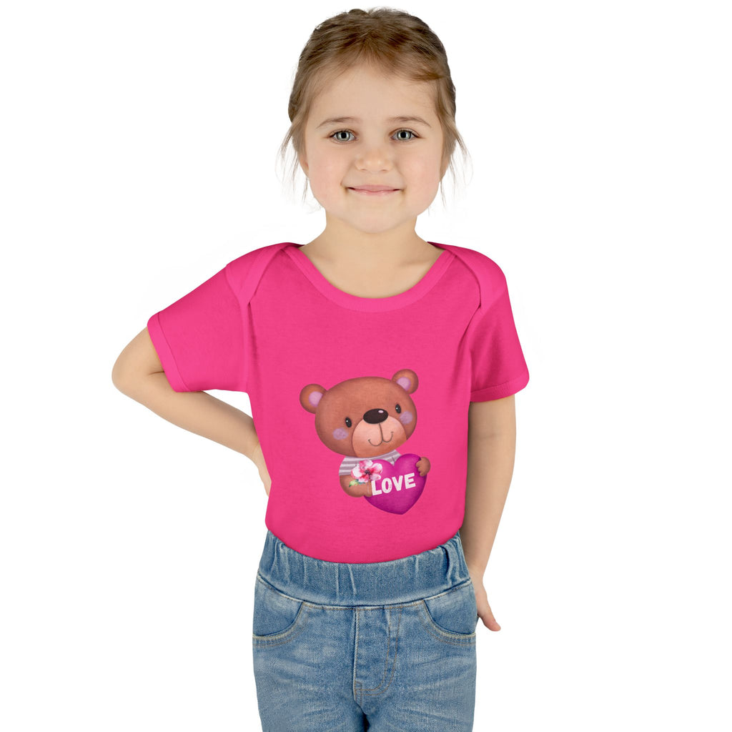 Baby Bodysuit - Cute Teddy Holding 'Love' Heart | Infant Valentine Onesie