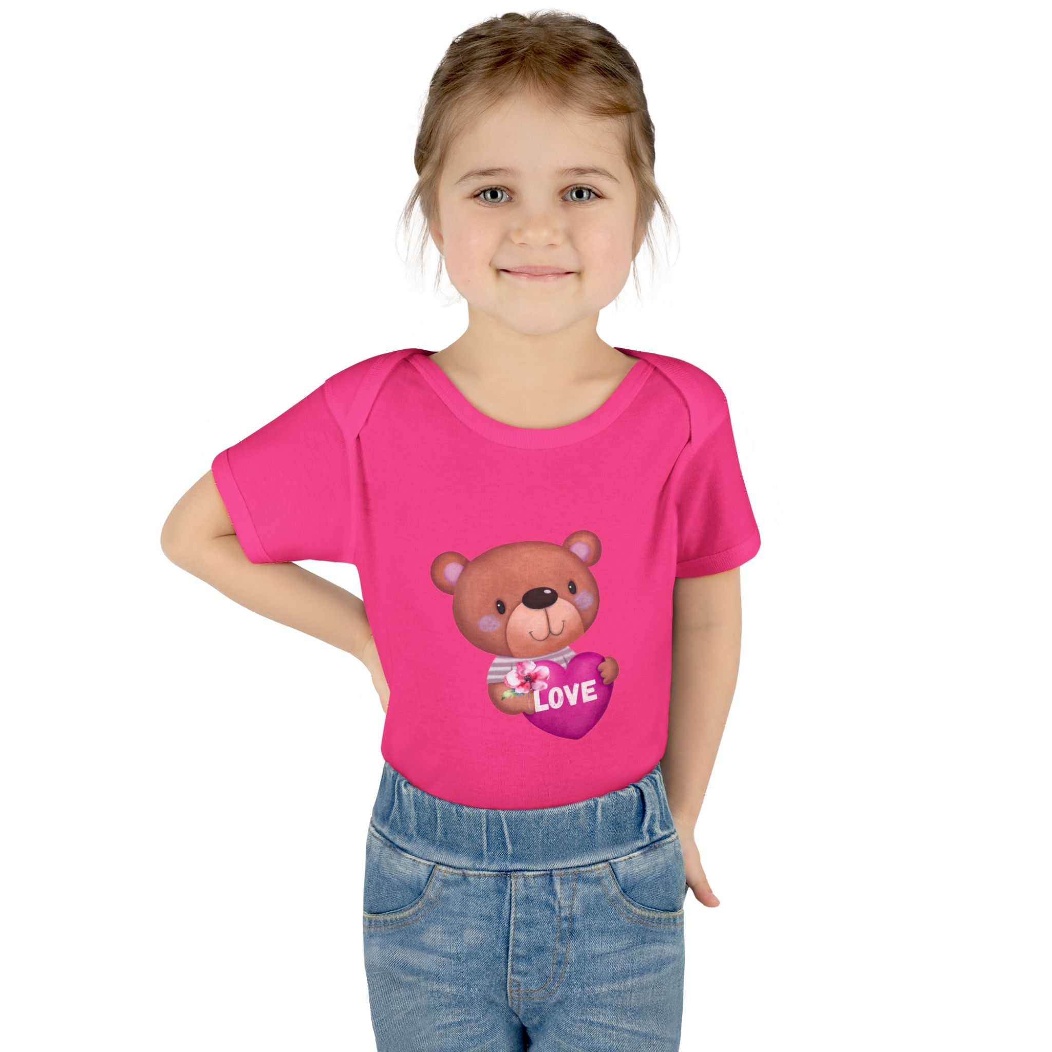 Baby Bodysuit - Cute Teddy Holding 'Love' Heart | Infant Valentine Onesie