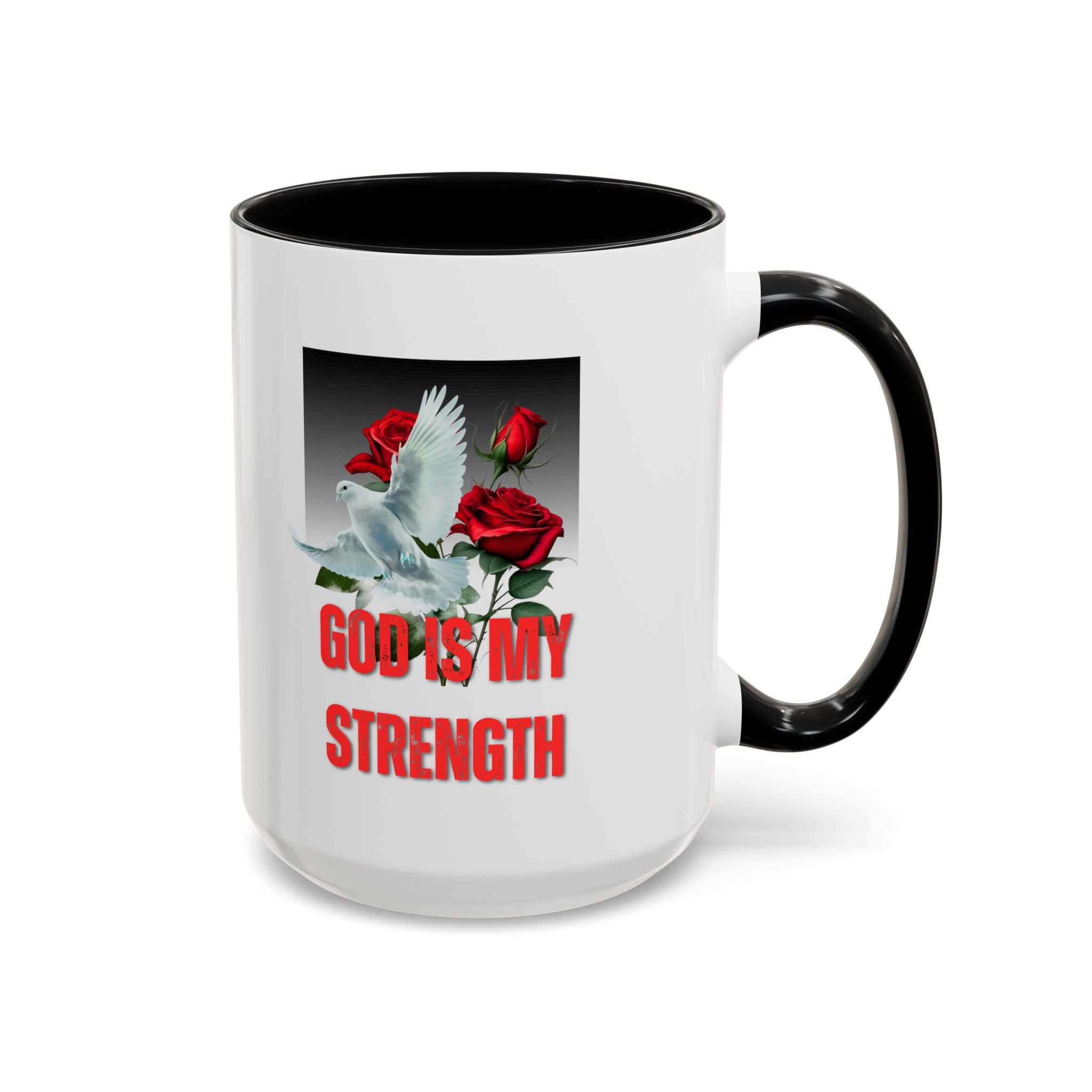 God Is My Strength Accent Coffee Mug – Inspirational Christian Dove & Roses (11/15oz)