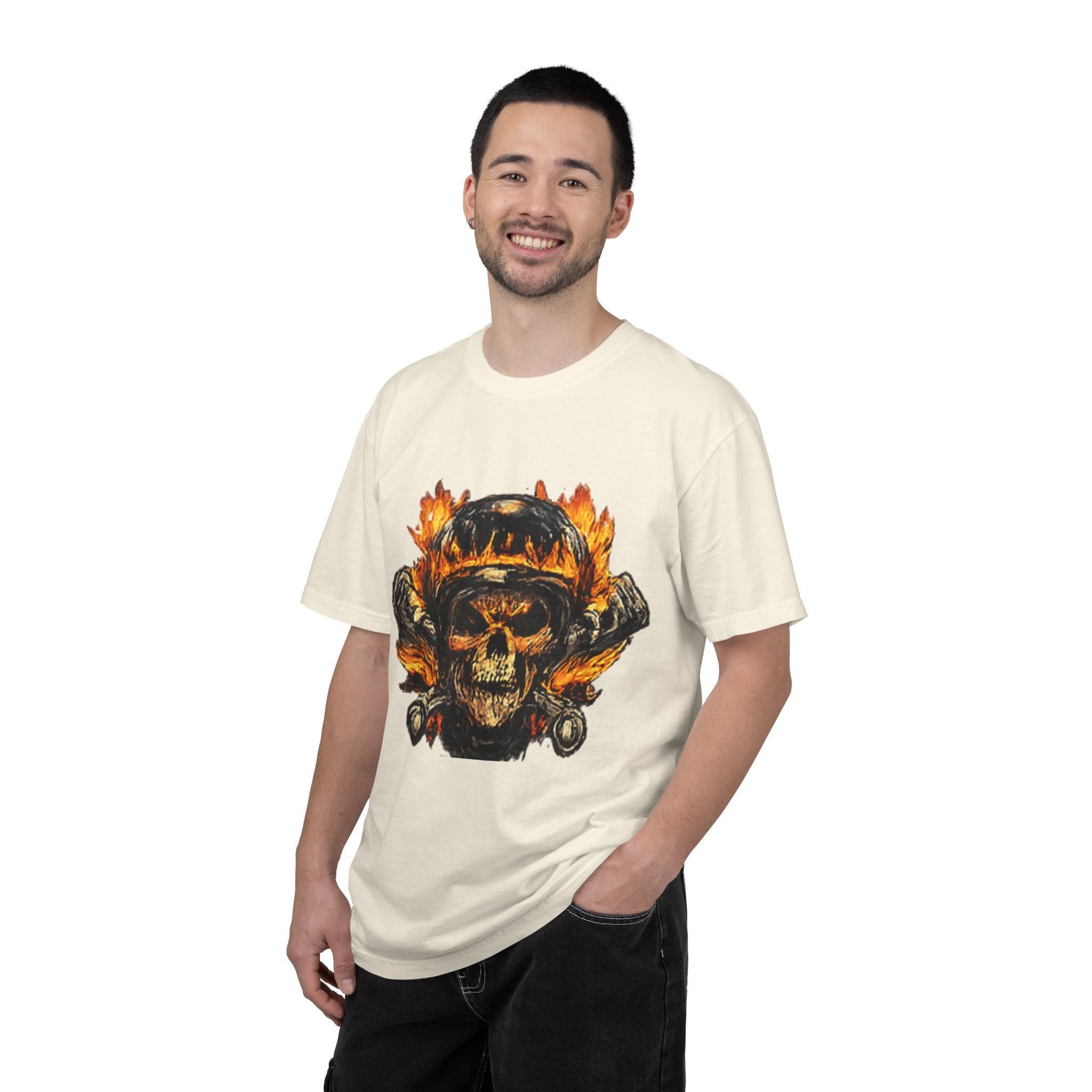 Flaming Skull Helmet T‑Shirt — Biker Rock Graphic Tee