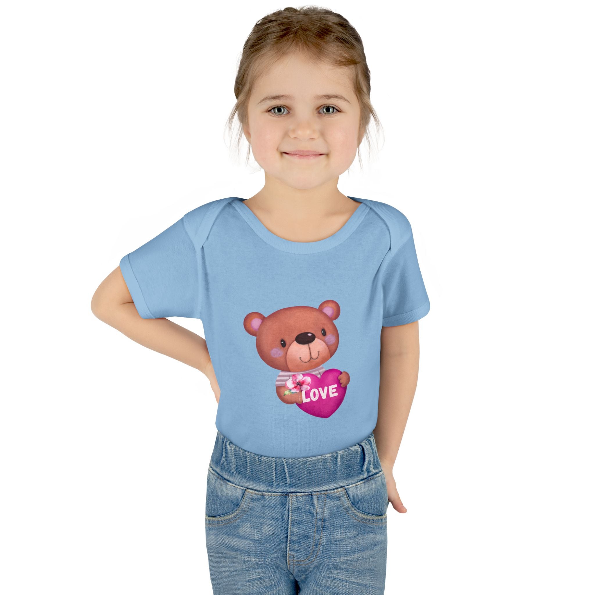 Baby Bodysuit - Cute Teddy Holding 'Love' Heart | Infant Valentine Onesie