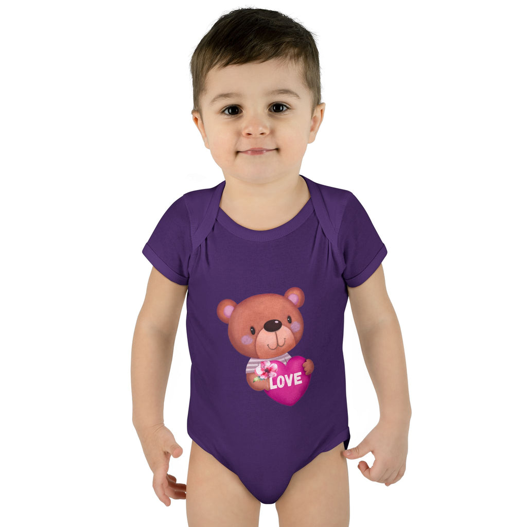 Baby Bodysuit - Cute Teddy Holding 'Love' Heart | Infant Valentine Onesie
