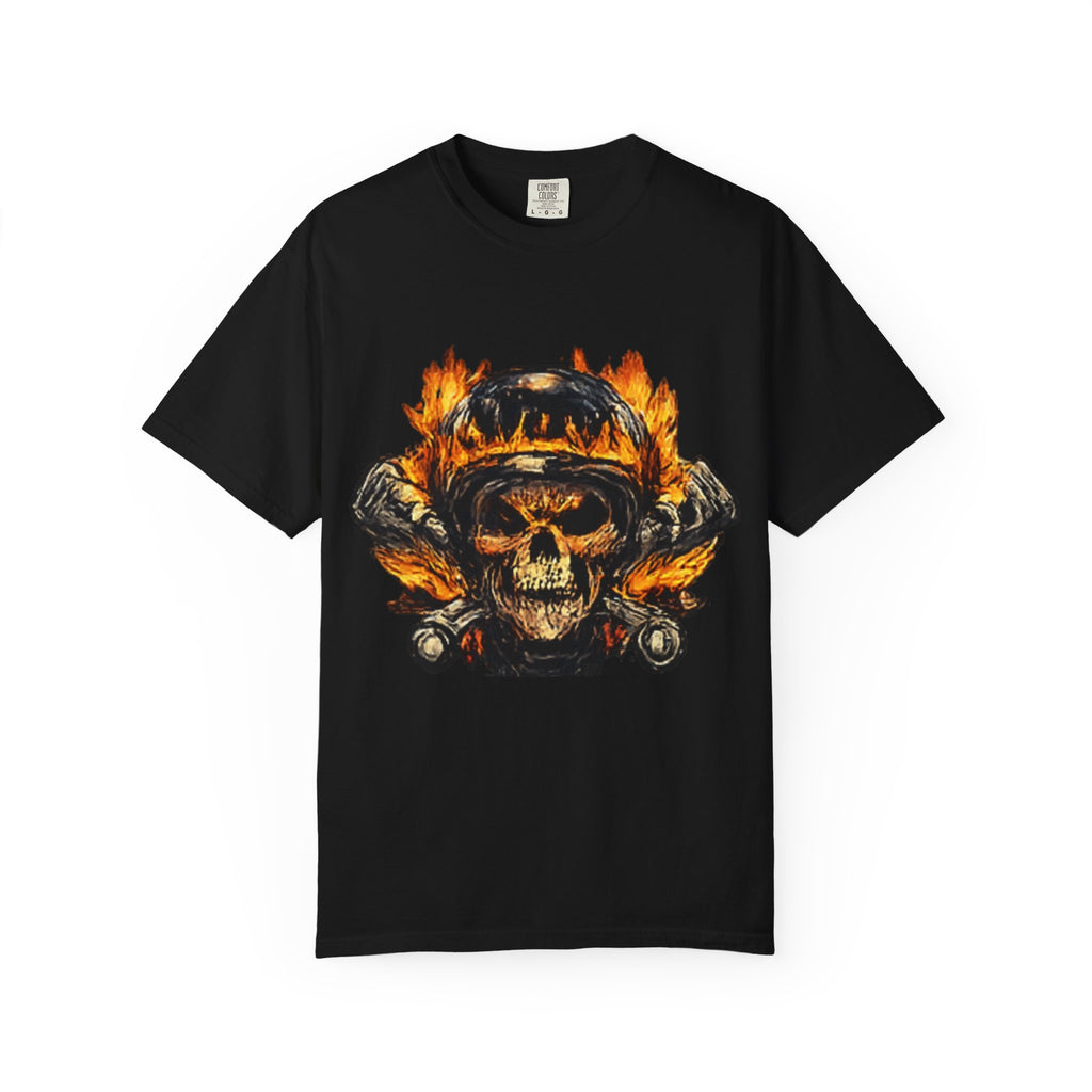 Flaming Skull Helmet T‑Shirt — Biker Rock Graphic Tee