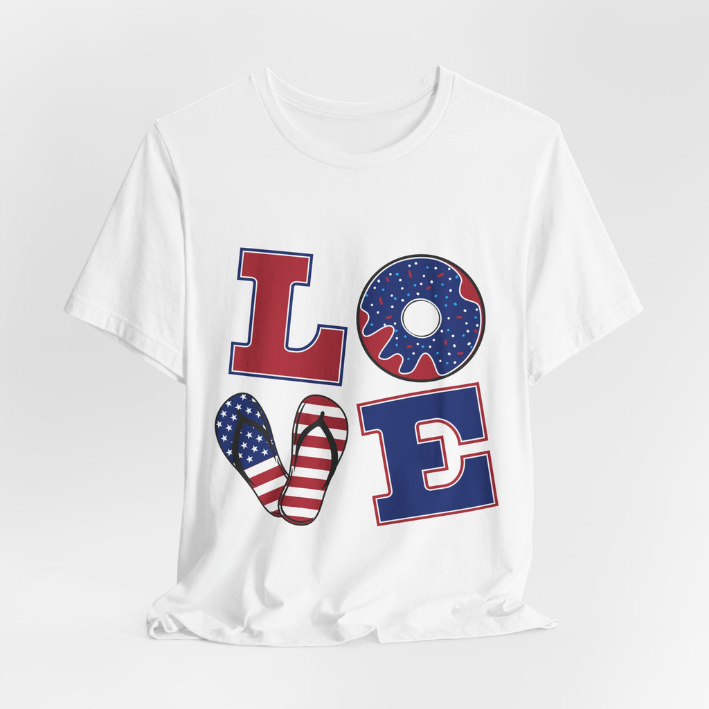 Patriotic "LOVE" America T-Shirt — USA Flag Donut & Flip-Flop Design