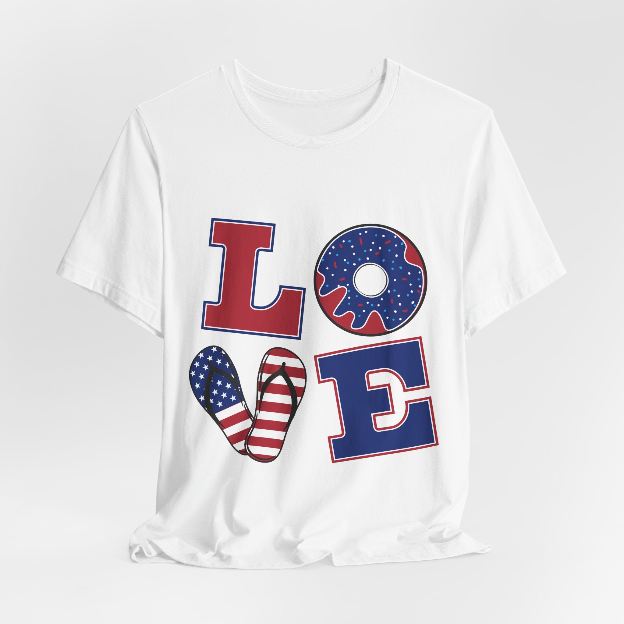 Patriotic "LOVE" America T-Shirt — USA Flag Donut & Flip-Flop Design