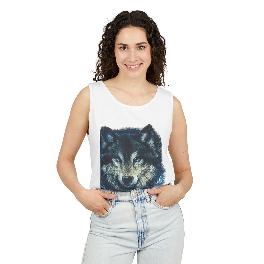 Wolf Face Tank Top — Vintage Blue Wolf Graphic Animal Lover Tee