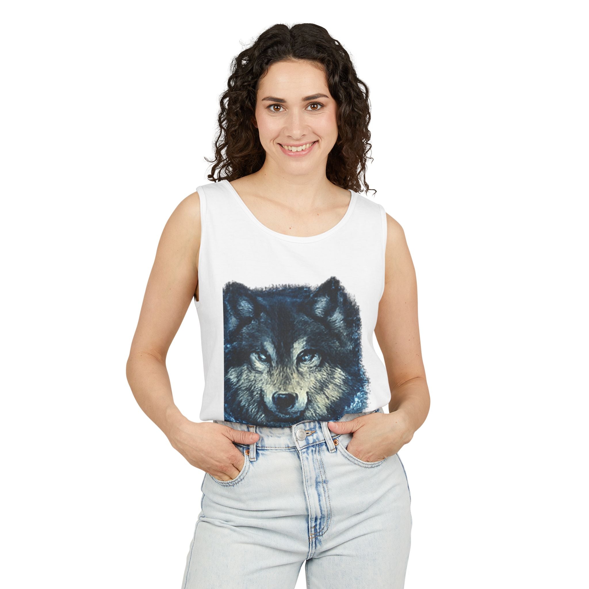 Wolf Face Tank Top — Vintage Blue Wolf Graphic Animal Lover Tee
