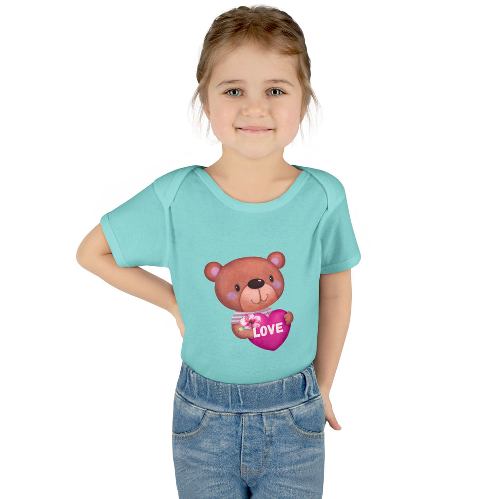 Baby Bodysuit - Cute Teddy Holding 'Love' Heart | Infant Valentine Onesie