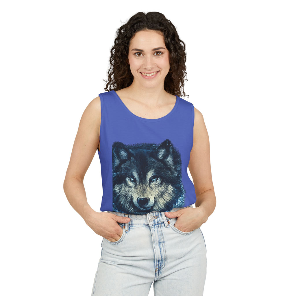 Wolf Face Tank Top — Vintage Blue Wolf Graphic Animal Lover Tee