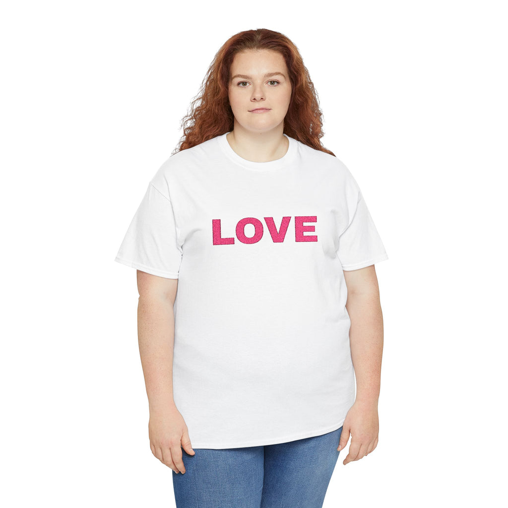 LOVE Glitter Text T-Shirt — Women's Pink Sparkle Tee for Valentine's Day