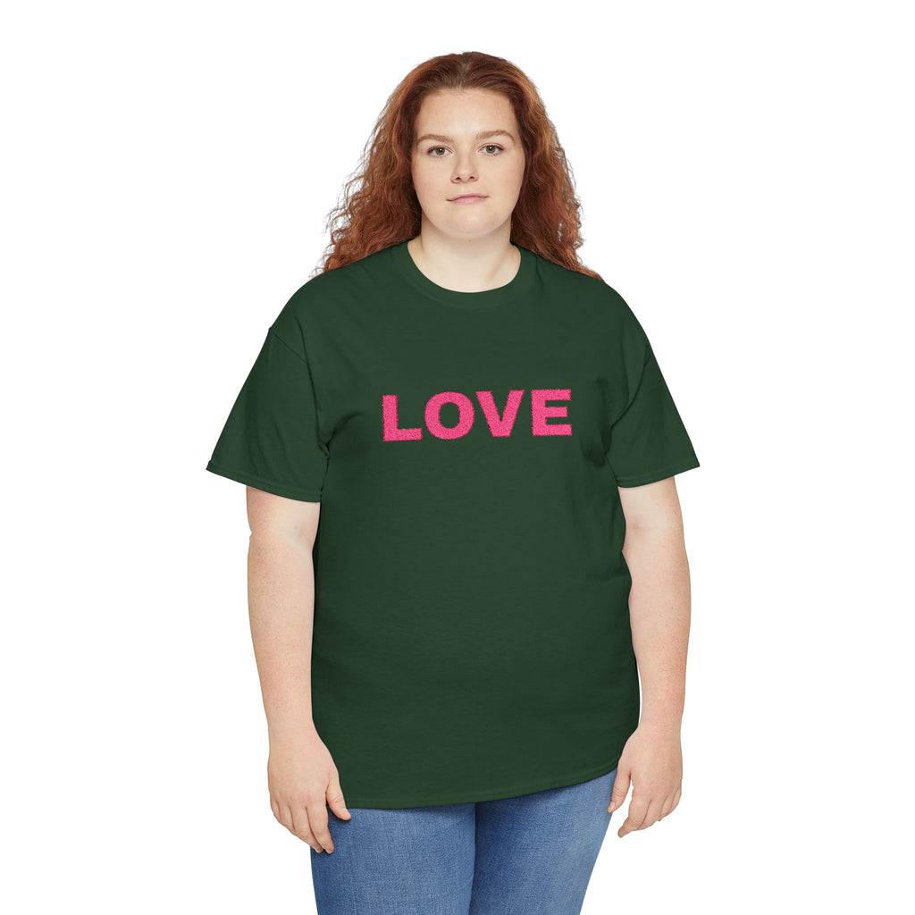 LOVE Glitter Text T-Shirt — Women's Pink Sparkle Tee for Valentine's Day