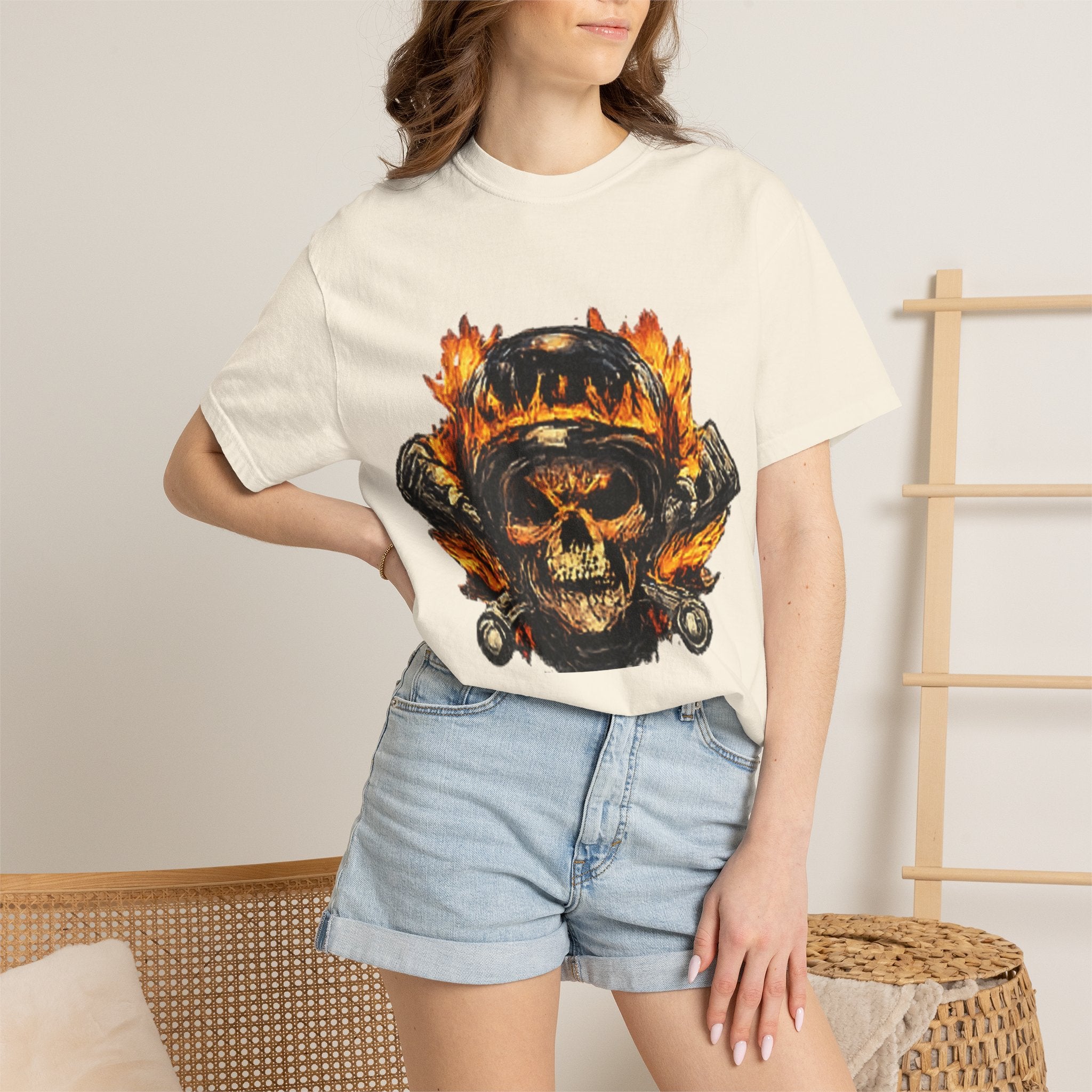 Flaming Skull Helmet T‑Shirt — Biker Rock Graphic Tee