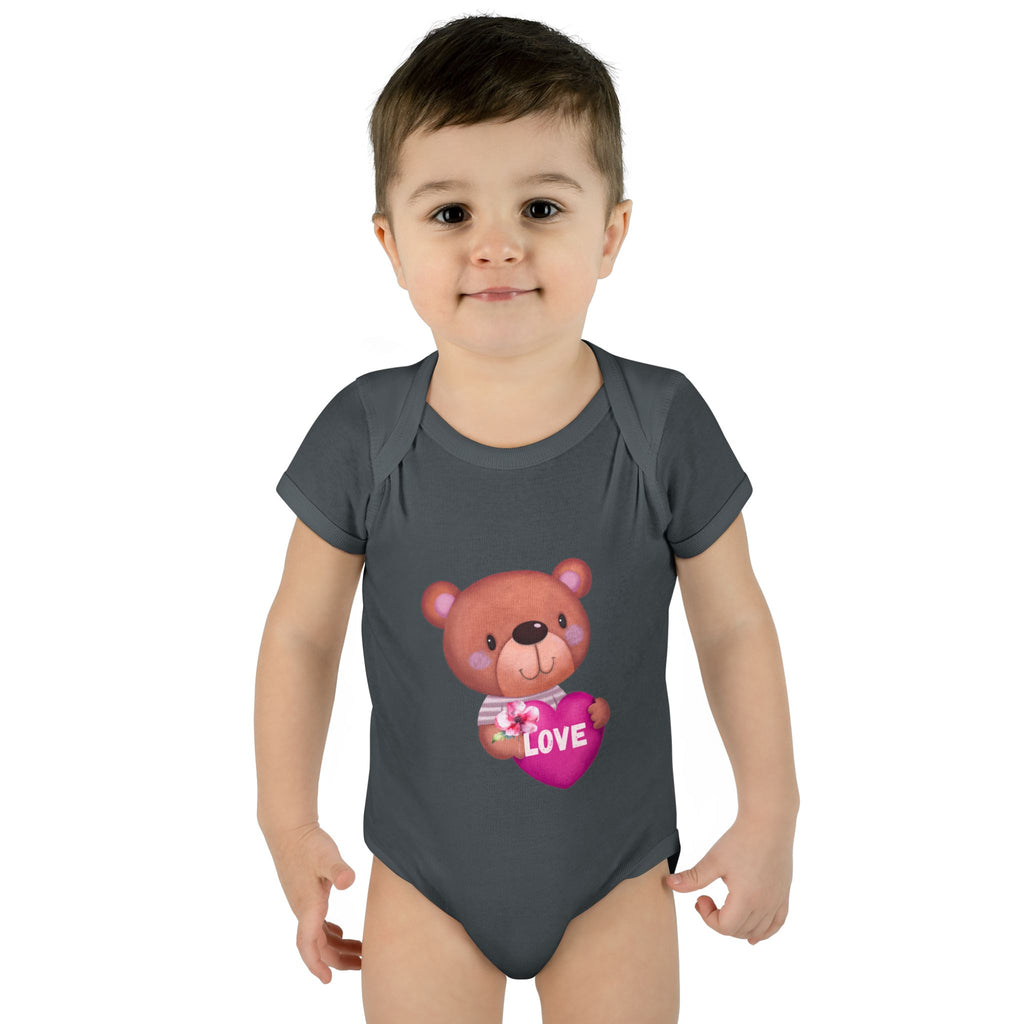 Baby Bodysuit - Cute Teddy Holding 'Love' Heart | Infant Valentine Onesie