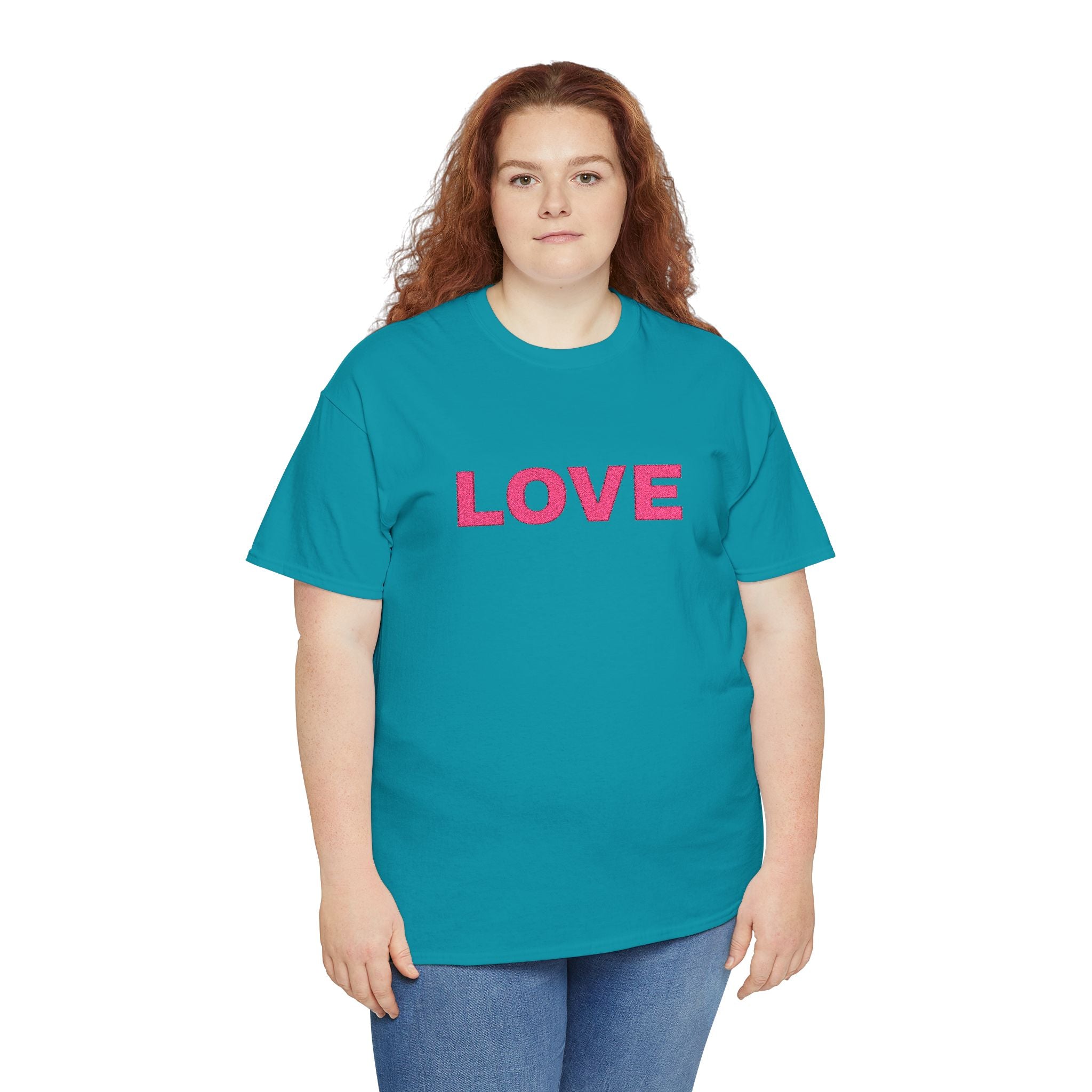 LOVE Glitter Text T-Shirt — Women's Pink Sparkle Tee for Valentine's Day